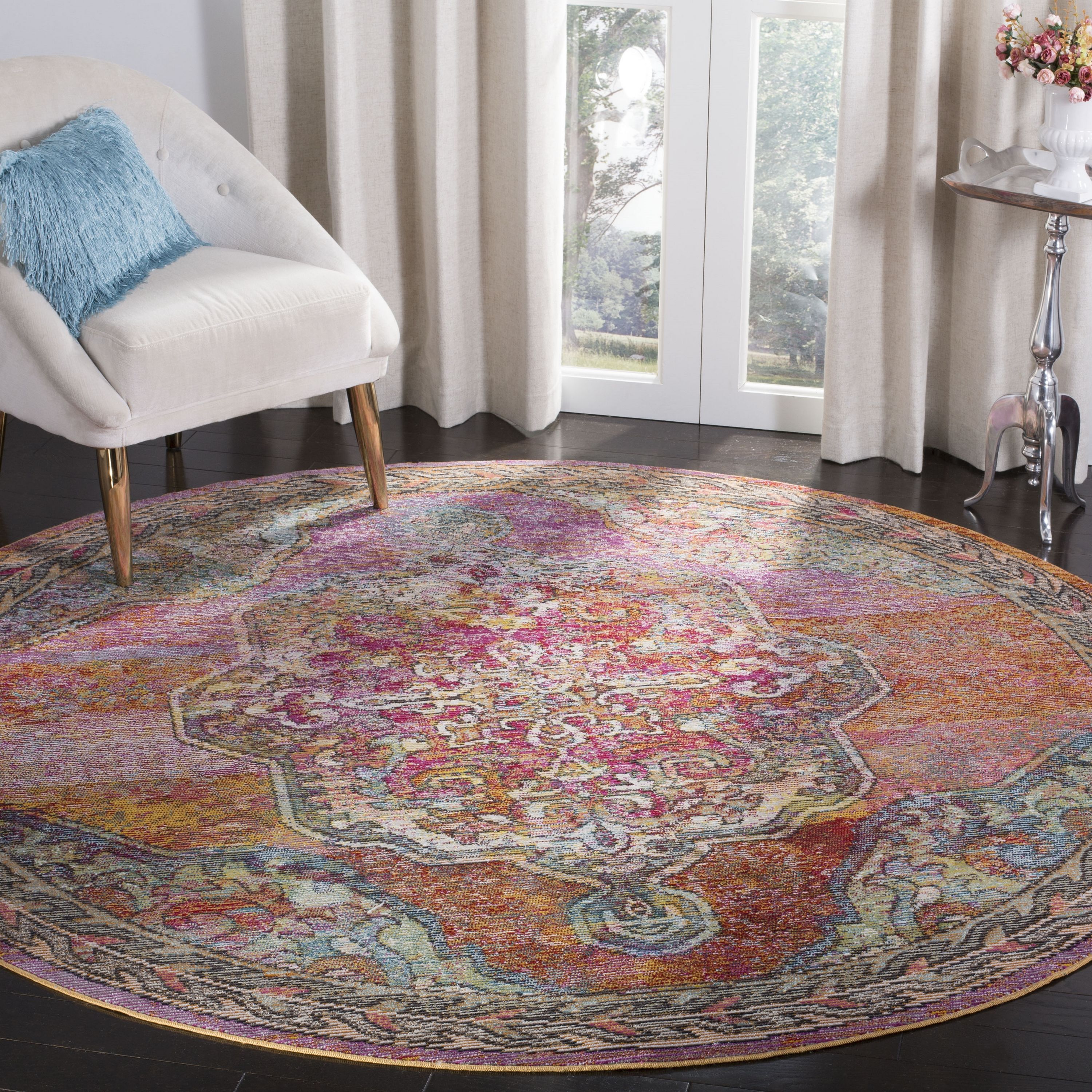 Light Blue Synthetic Medallion Reversible Round Area Rug