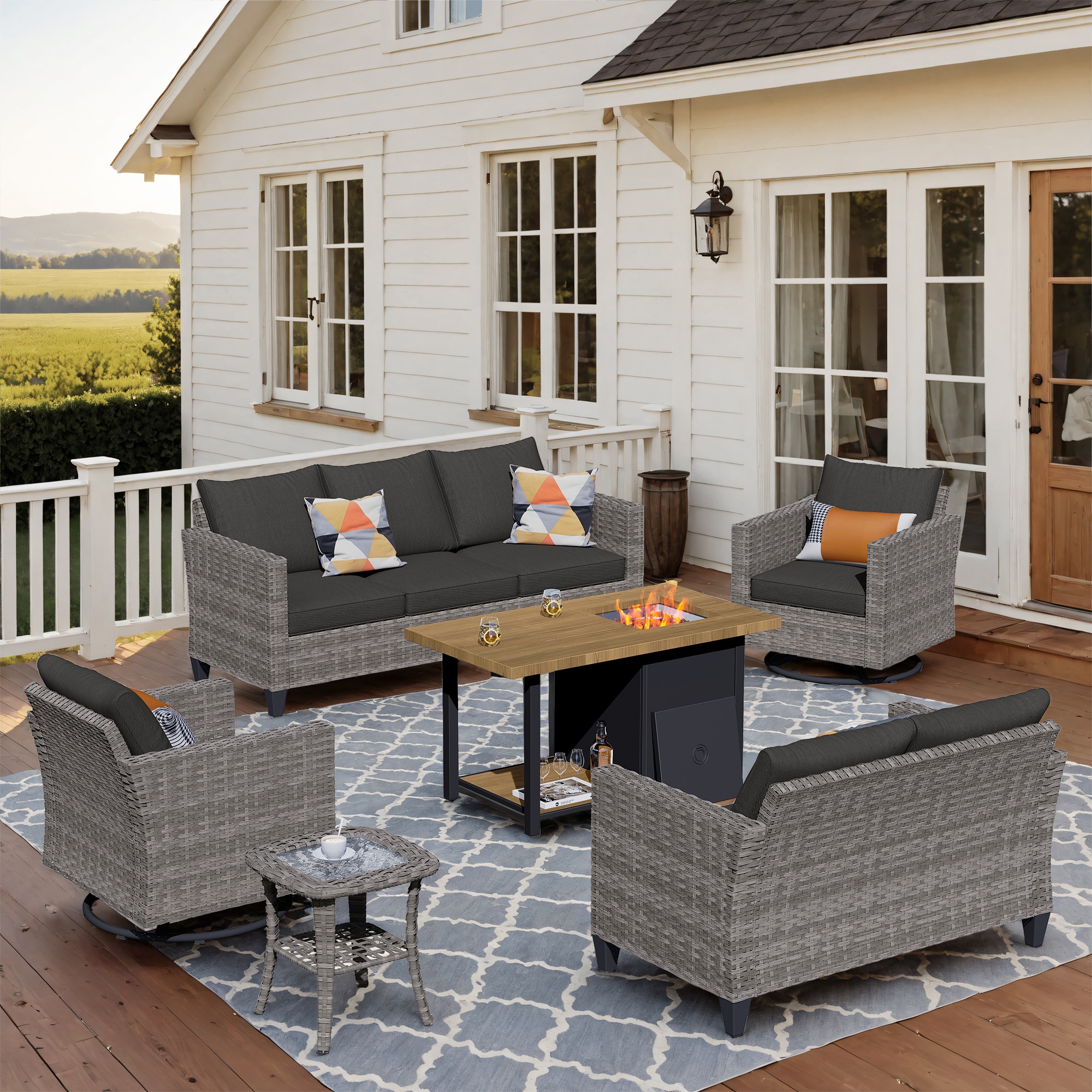 XIZZI XSQL1164-RC3DFP Lullaby 6-Piece Rattan Patio Sofa Conversation Set with Black Cushions