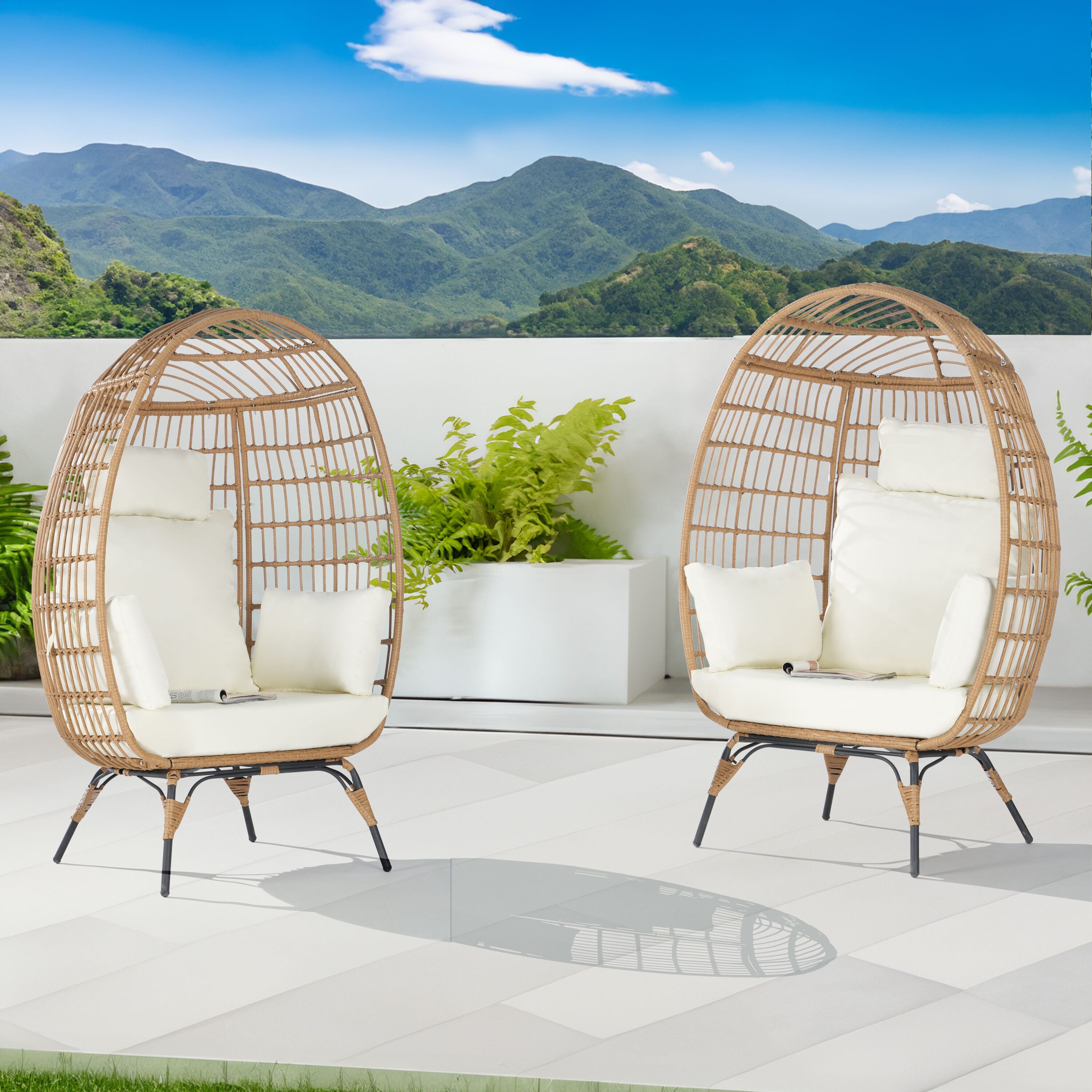 SANSTAR L-JDC51BE-AA Patio Chairs Set of 2 Wicker Brown Metal Frame Stationary Egg Chair with Off-white 220gsm Polyester Cushioned Seat