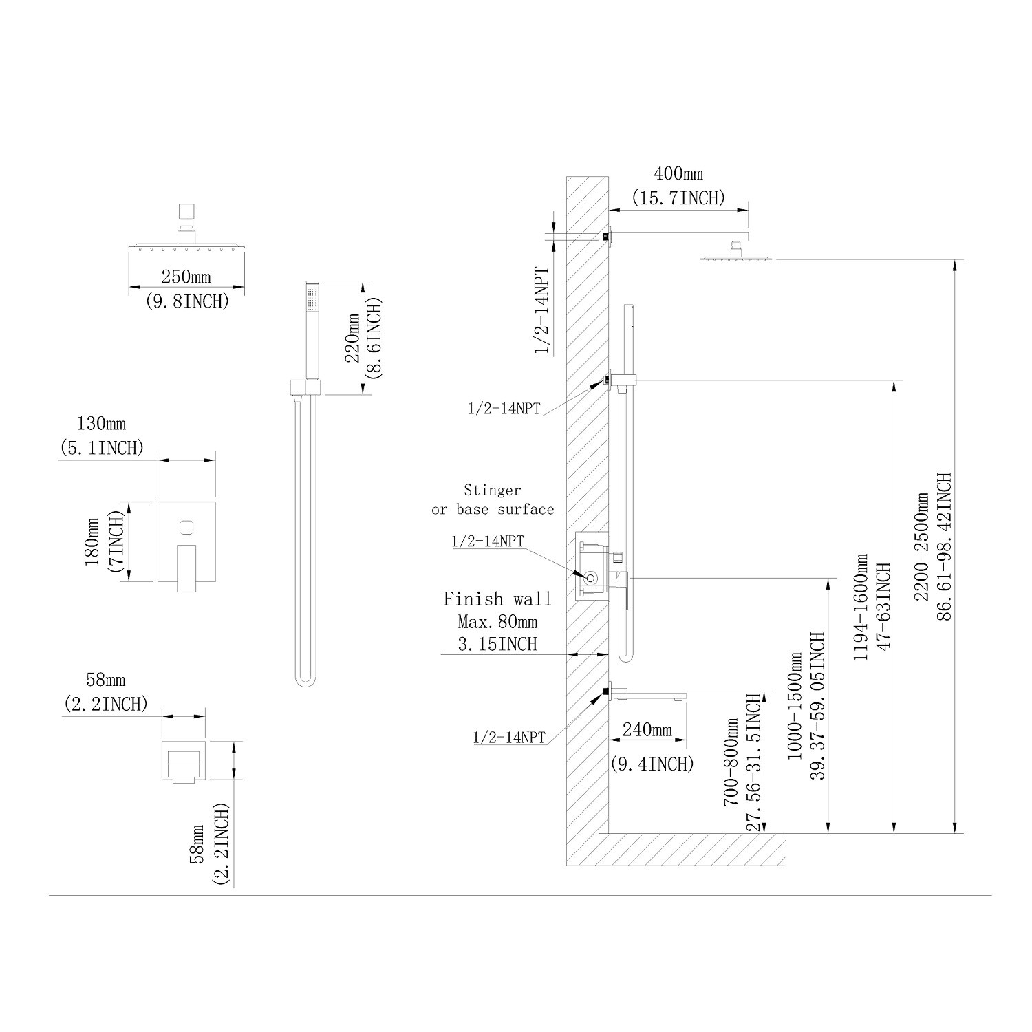 Tahanbath MT2-6203NS Showerhead-Bar-Panels - View #4