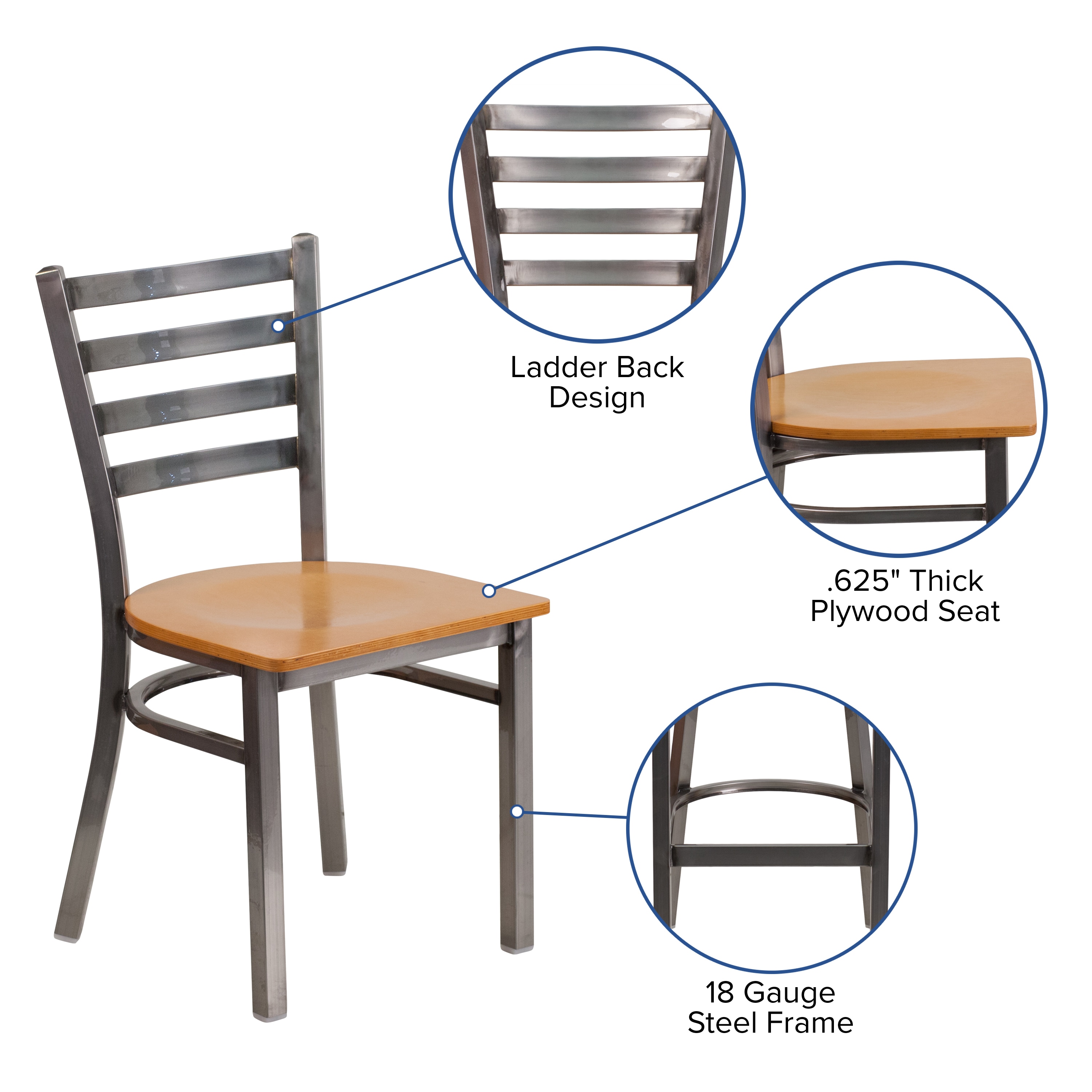Hercules Clear Coated Ladder Back Metal Chair with Natural Wood Seat