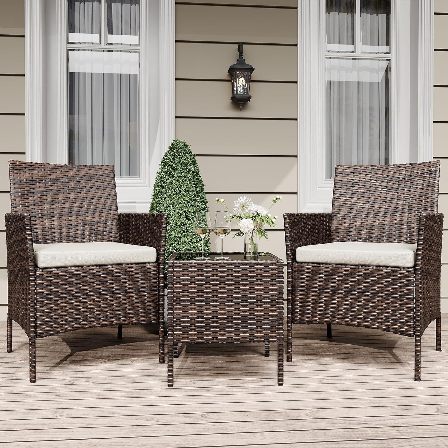 Qeetex LHF-HW-PHO-34ULW998 3 Piece Patio Set PE Rattan Patio Conversation Set with 2 Chairs and 1 Coffee Table Outdoor Patio Furniture Set for Patio Front Porch Balcony Bistro - Brown