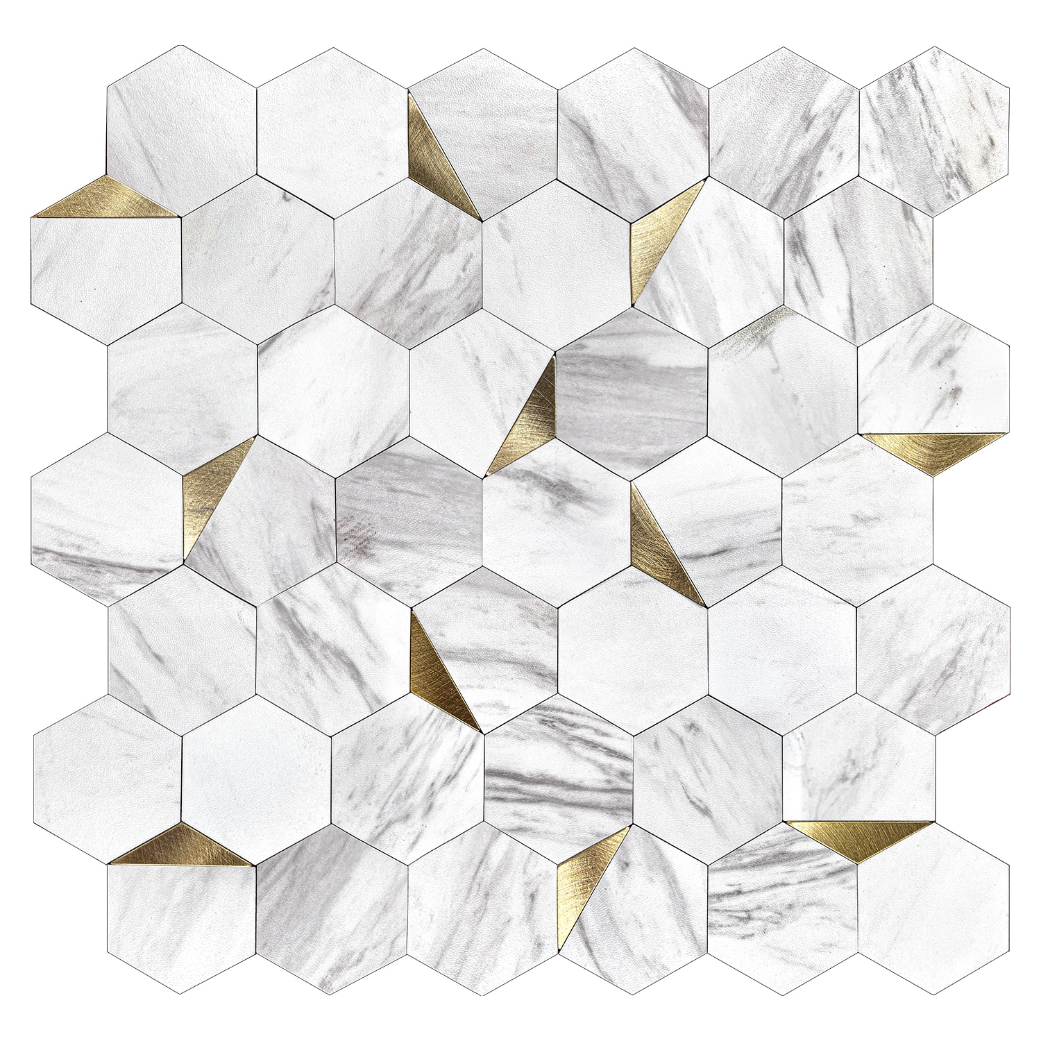 Murella 28108 Metal White Carrera with Gold Metal Accents 11-1/4-in x 11-1/4-in Multi-finish Metal Marble Look Hexagon Mosaic Wall Tile (0.9-sq. ft/ Piece)