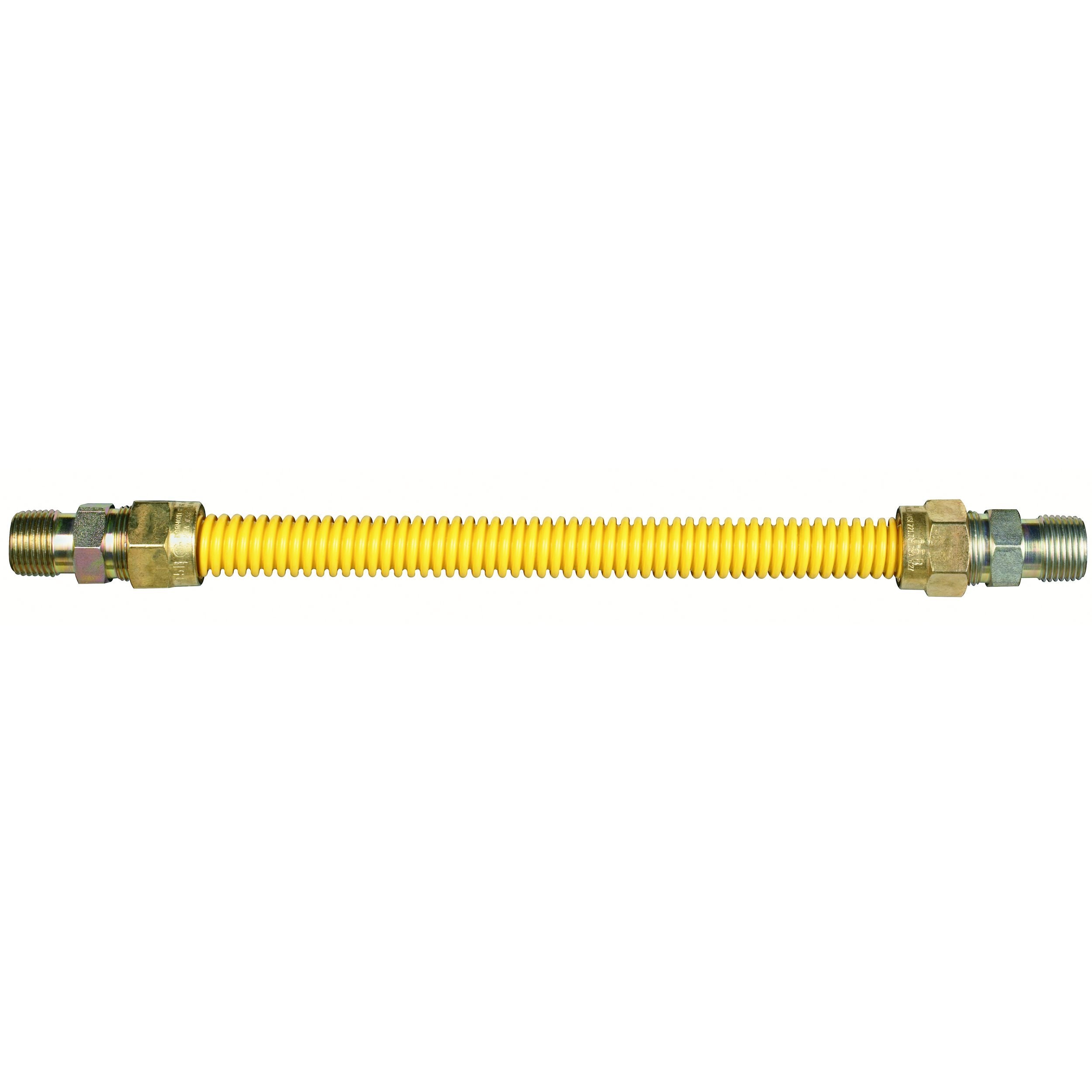 Dormont 30C Series SafetyShield Coated Stainless Steel Standard Gas Connector w/Bag 5/8 OD x 1/2 ID x 48 L No-Neck Design 1/2 MIP x 1/2 MIP Adapters Yellow Coating CSA Certified #242485-2431