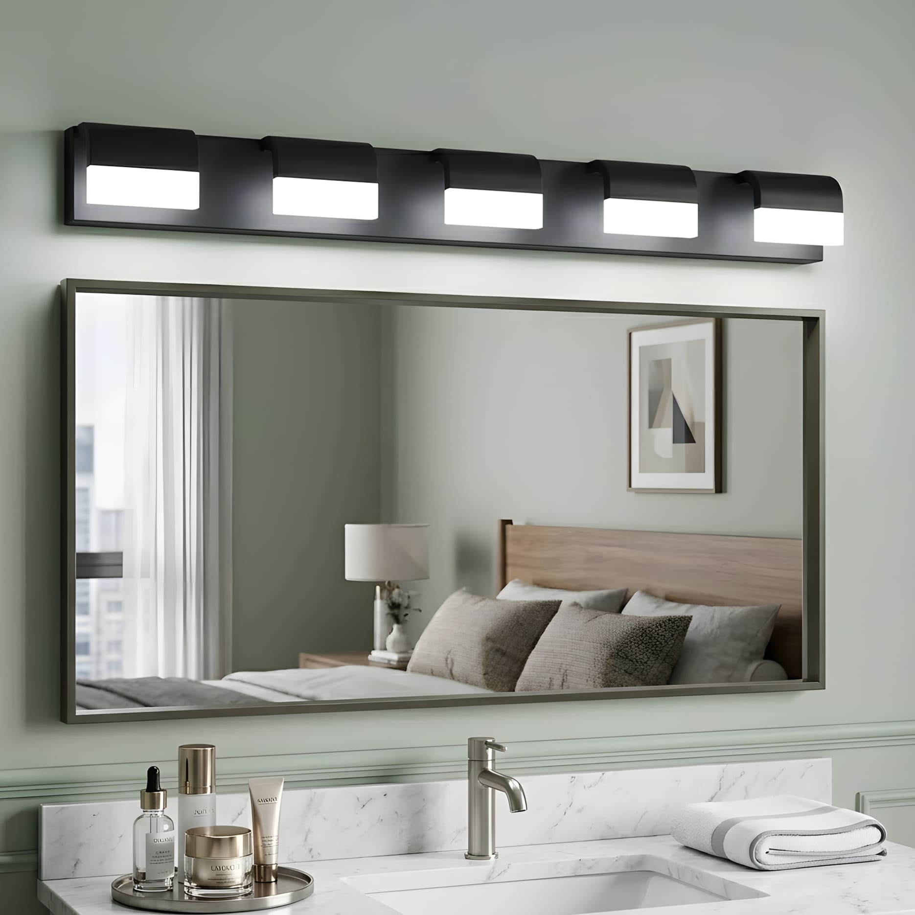 RCCFBHM 38-in 5-Light Matte Black Modern All-in-One LED Bathroom Vanity Light Dimmable Acrylic Vanity Light