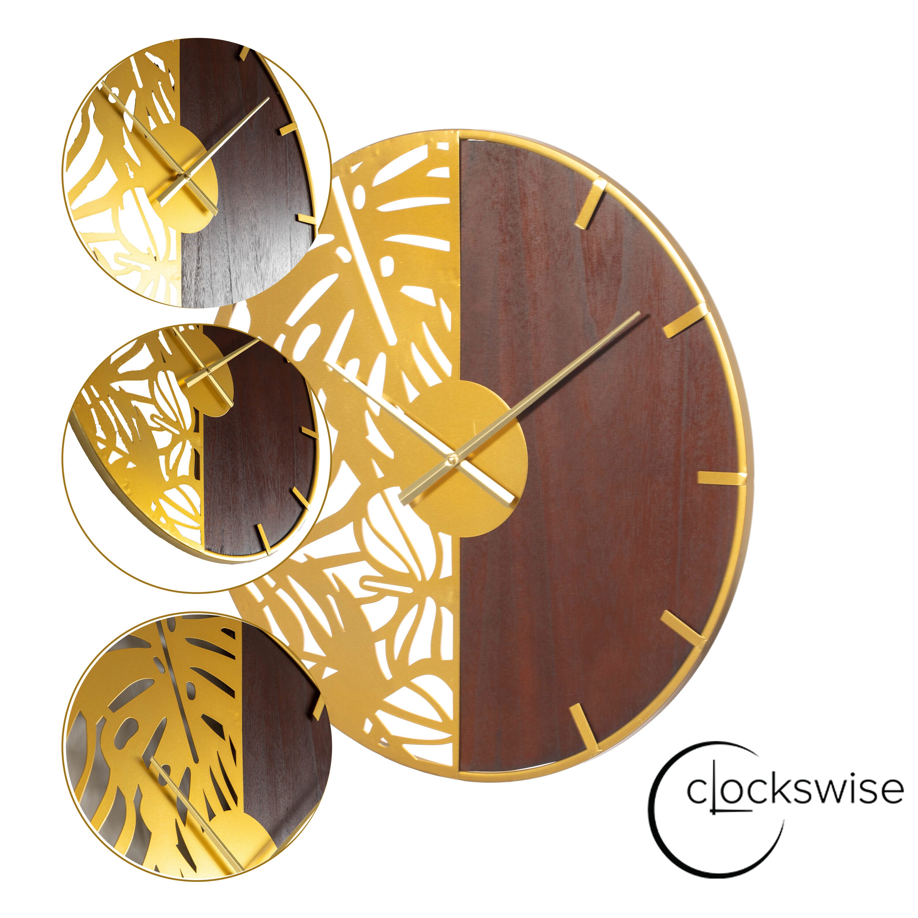 24" Brown Wood and Gold Metal Leaf Cutout Oversized Wall Clock