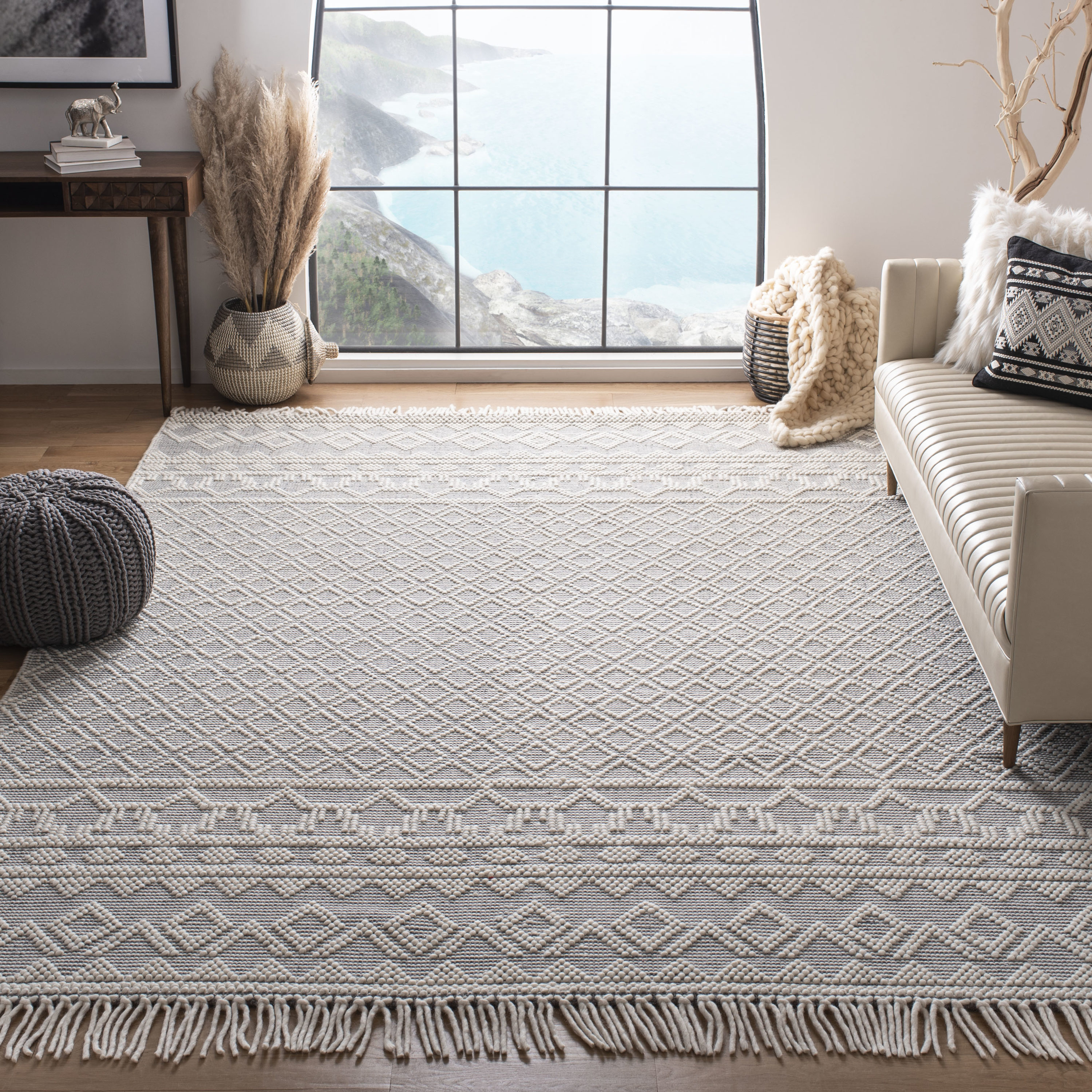 Ivory and Grey Geometric Wool Flat Woven Area Rug