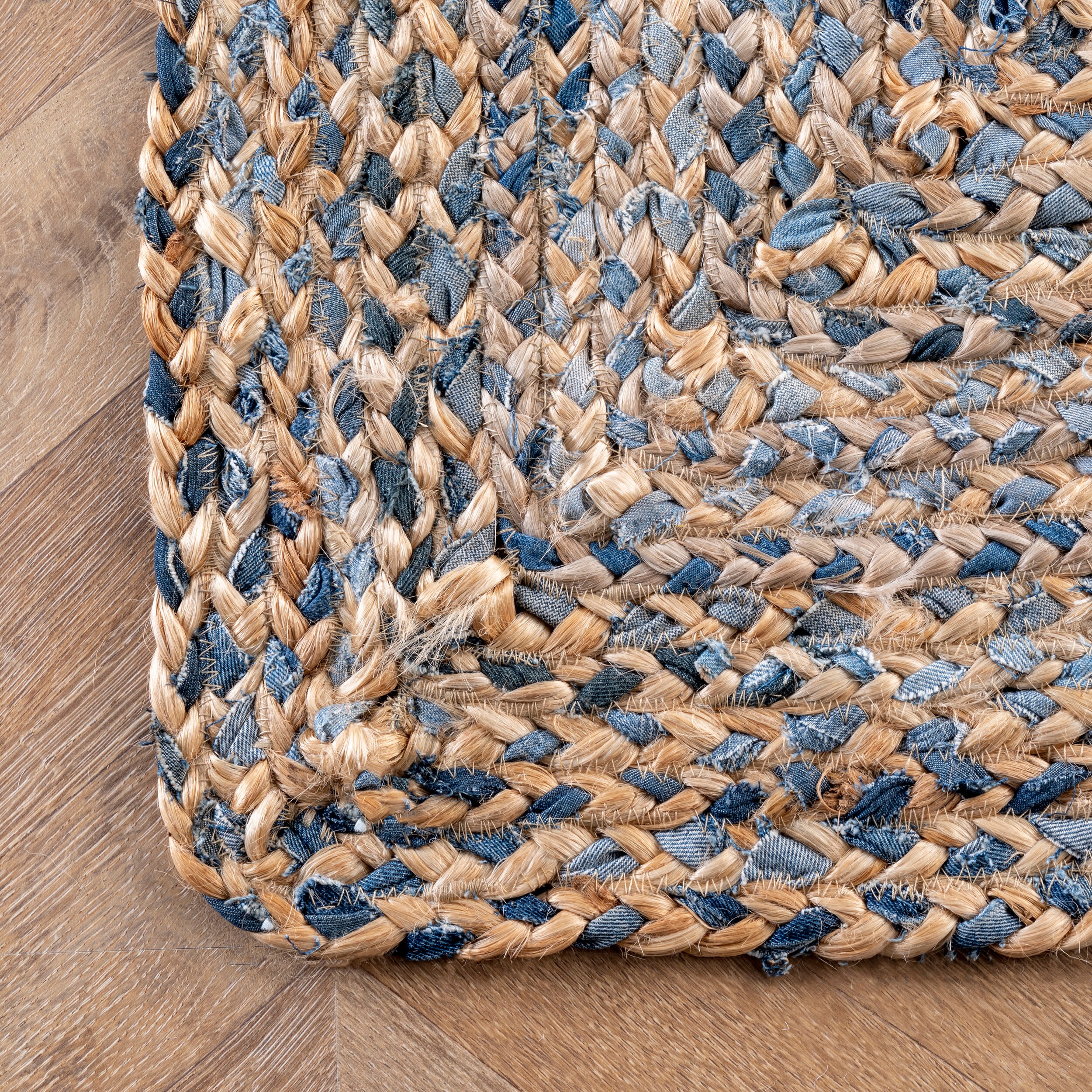 Handmade Blue and Beige Braided Cotton Rectangular Rug