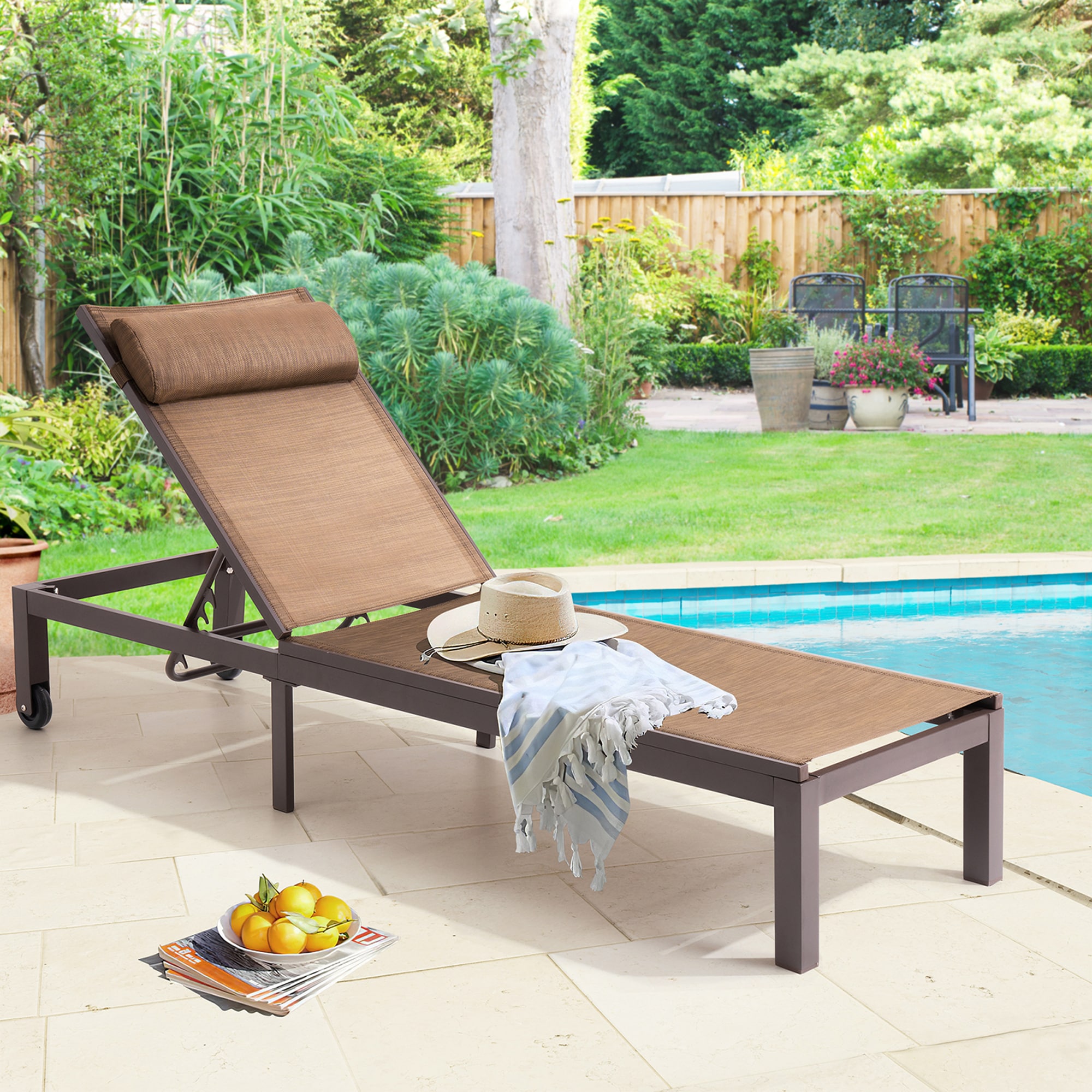 Brown Aluminum Adjustable Outdoor Chaise Lounge with Cushion