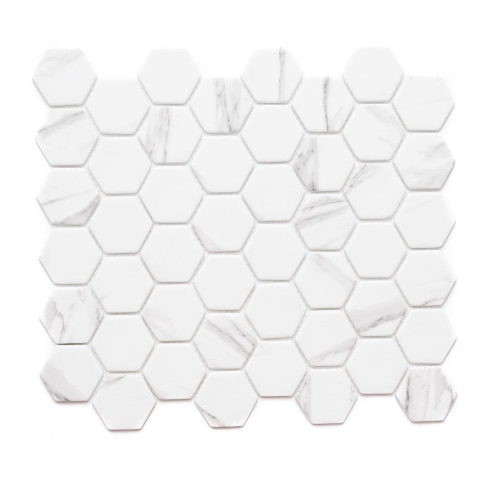 The Tile Life SRECEHEXACA Sample- Honeycomb Carrara 4-in x 4-in Matte Glass Wood Look Wall Tile