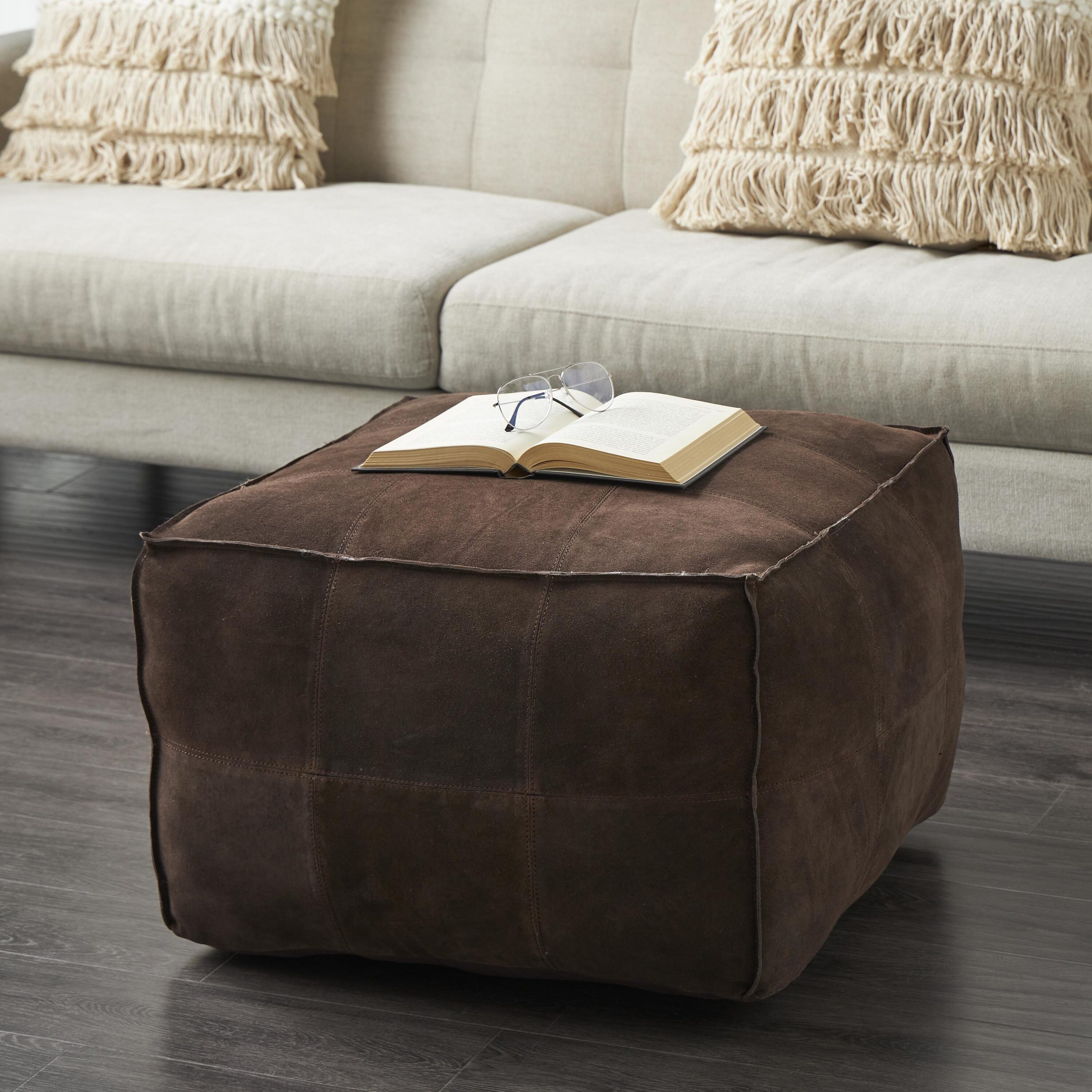 Grayson Lane 821550 Modern Dark Brown Patchwork Genuine Leather Ottoman