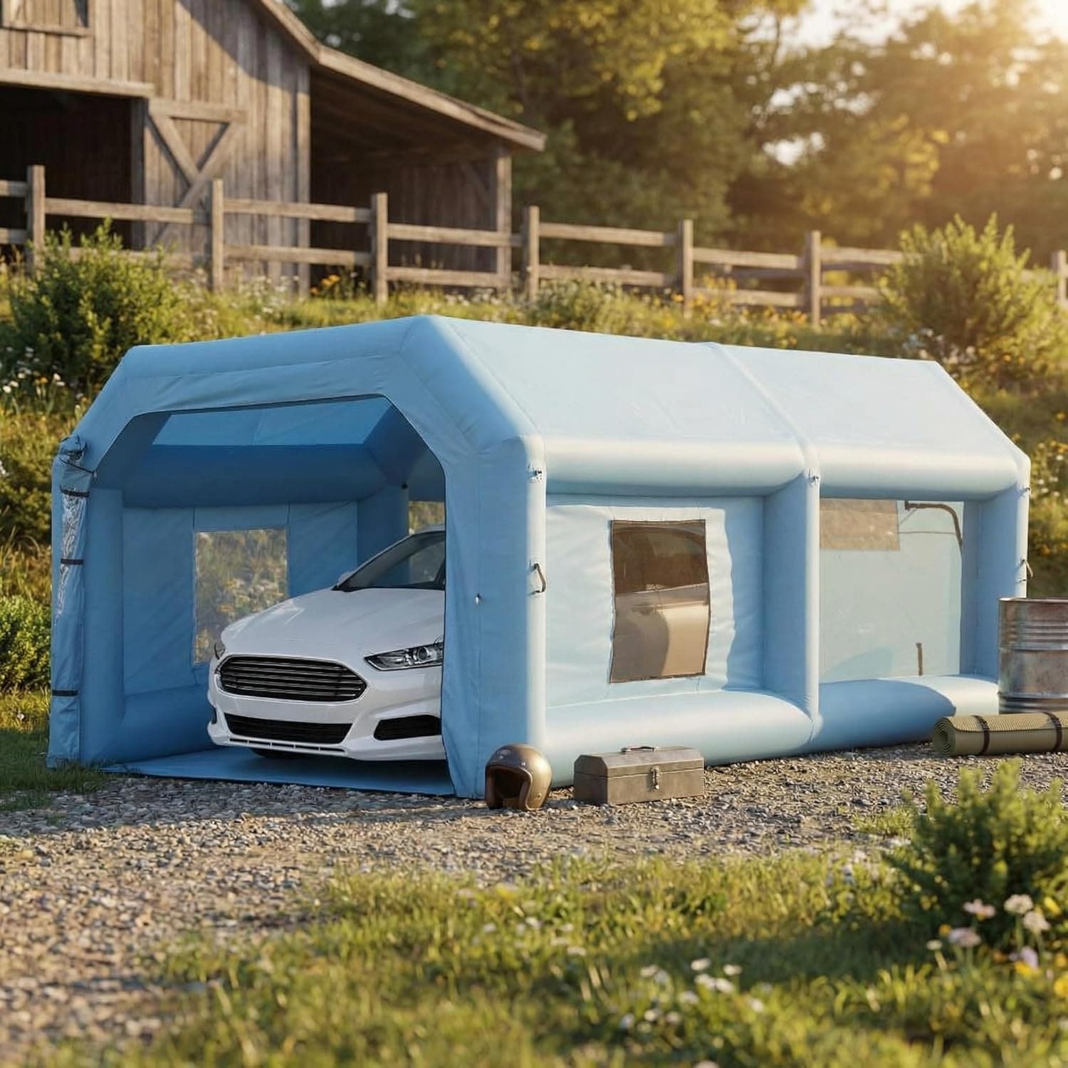 IdealHouse Inflatable Paint Booth Tent Blue Portable Spray Shelter with 3 Layer HEPA Filtration and High Speed Blower for Garage Workshop Car and Furniture 20x13x9FT 750W