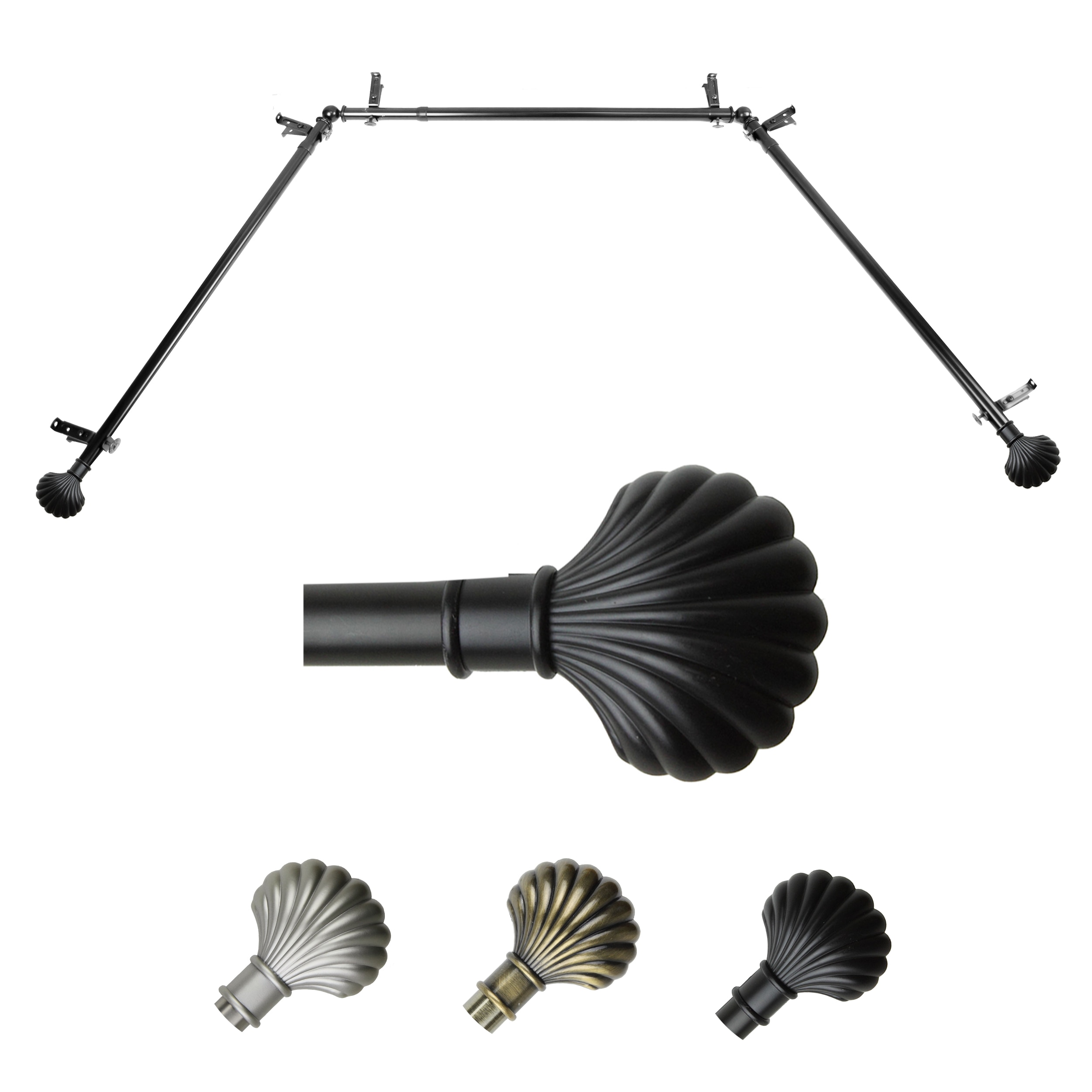 Hart & Harlow L-ABAY-23-2 Shelly 13/16-in Bay Black Steel Bay window curtain rod with Finials