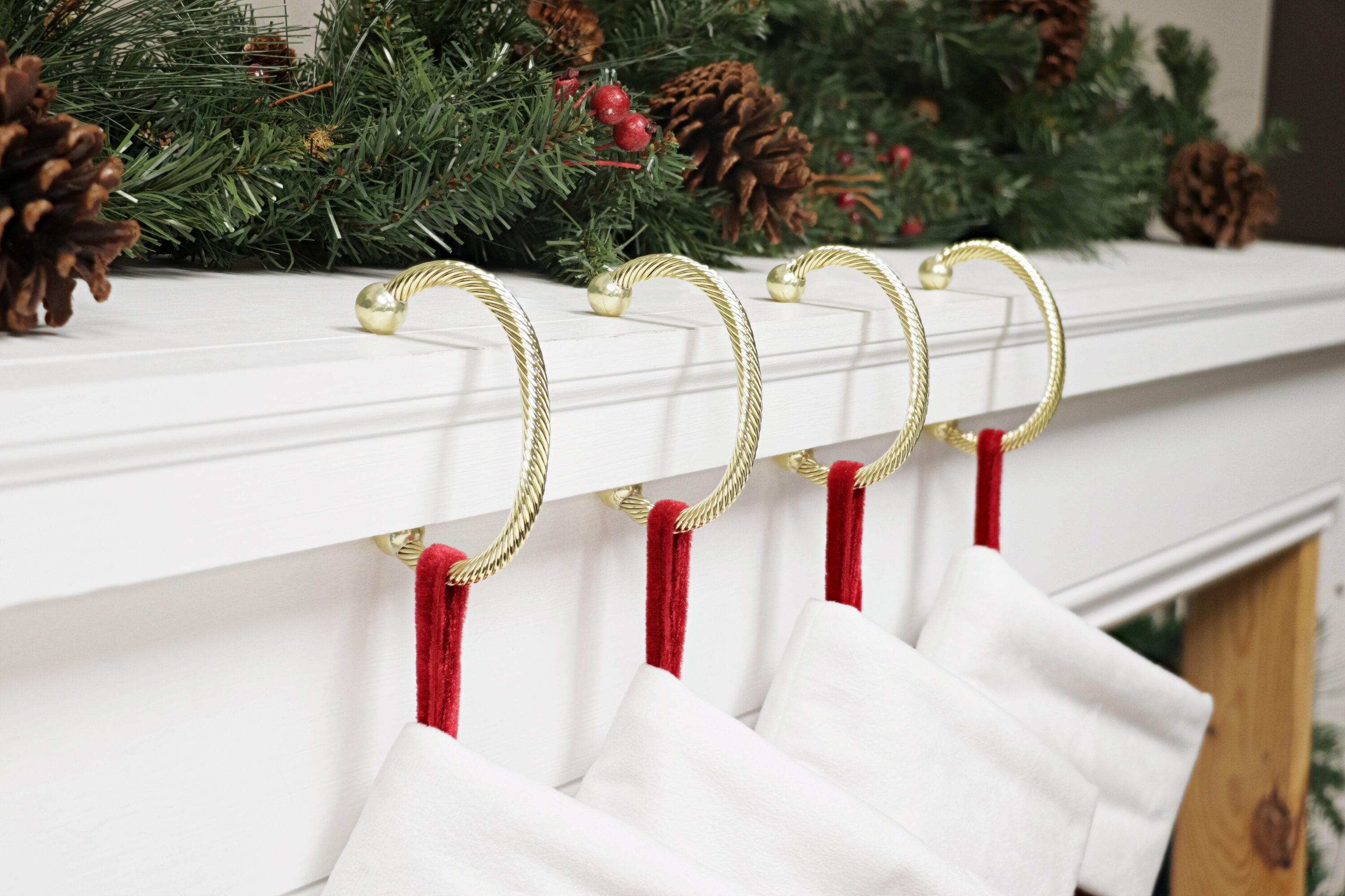 Gold Metal Rope Design Mantle Stocking Holder Set