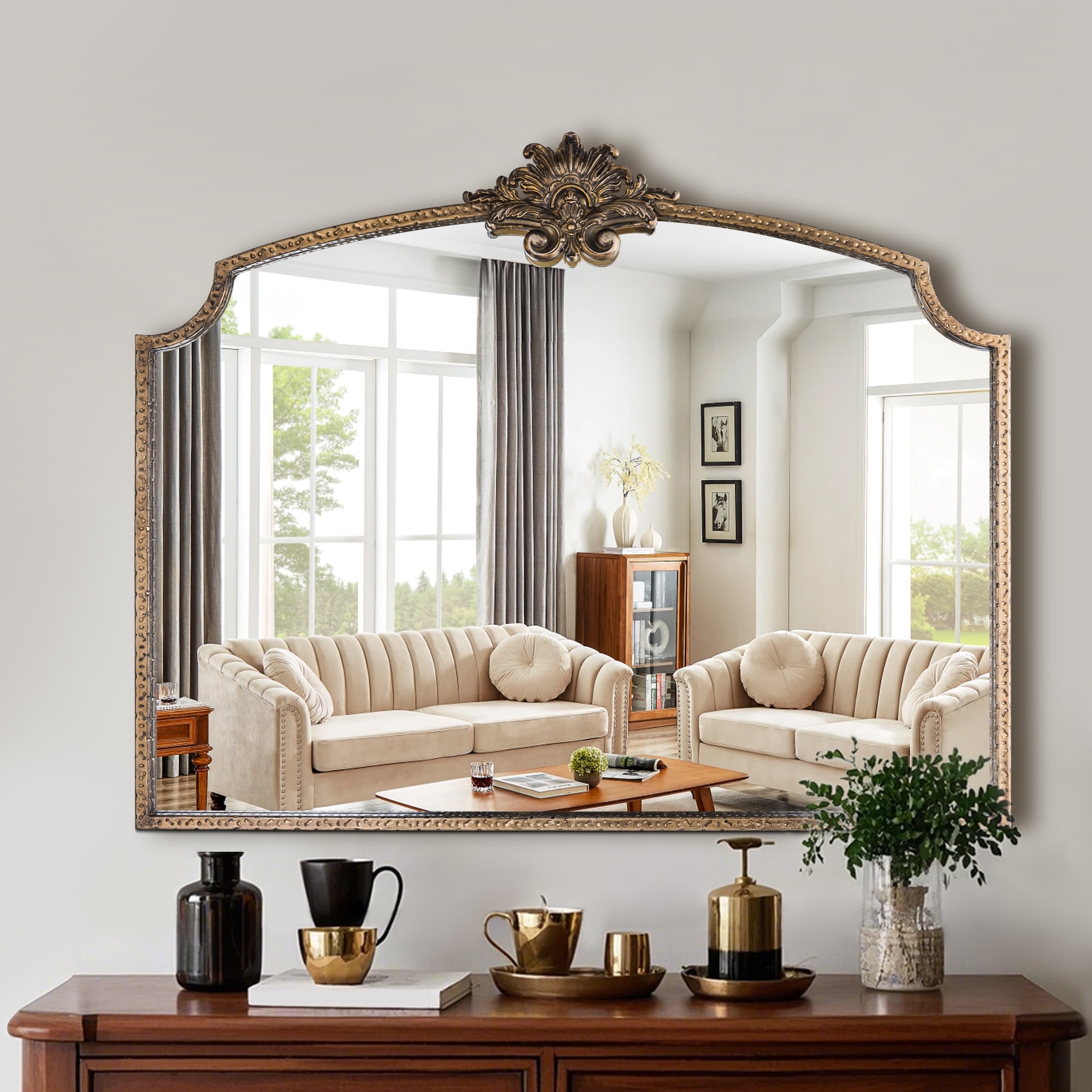 Elevatehome 36 in. W x 29 in. H Arched Framed Antique Gold Finish Iron Framed with Carved Accent Wall Mirror