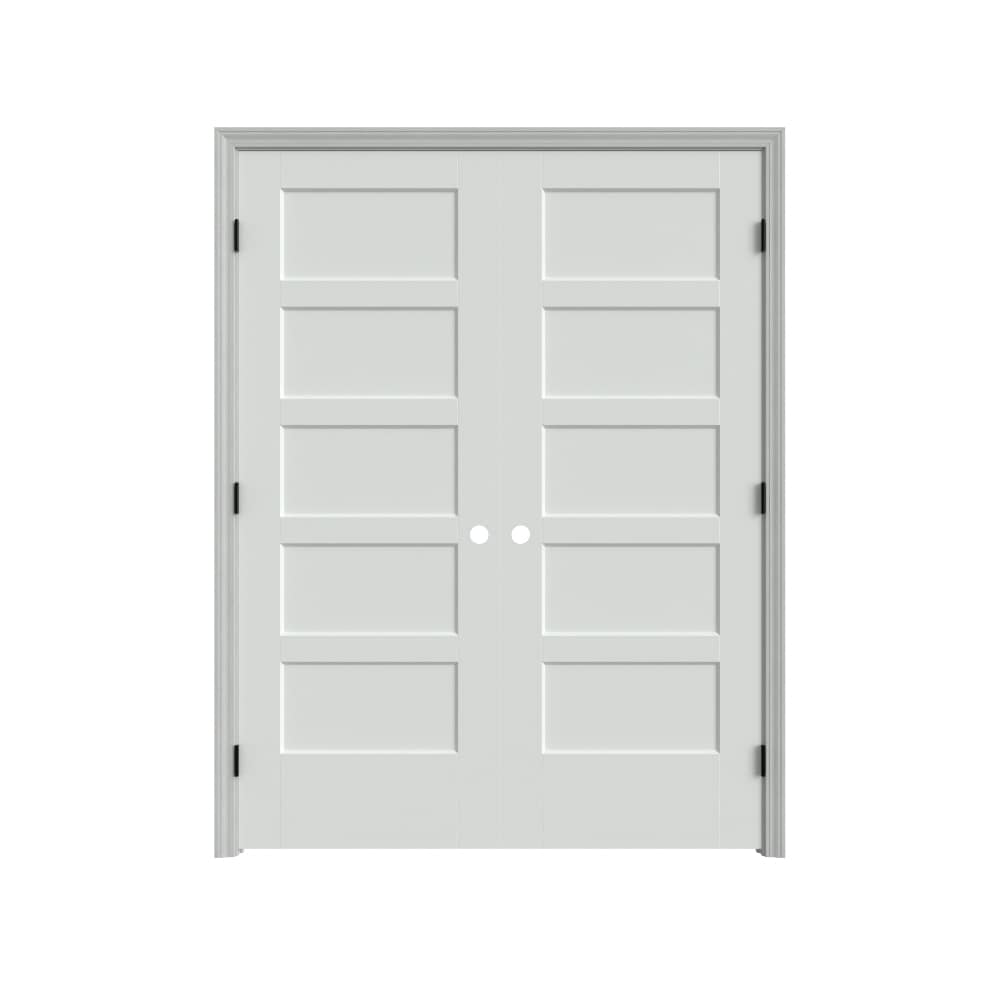 Masonite 640831 60-in x 80-in Primed Solid core 5-panel square Bi-parting Smooth Primed Molded composite Flat Jamb Double Prehung Interior Door