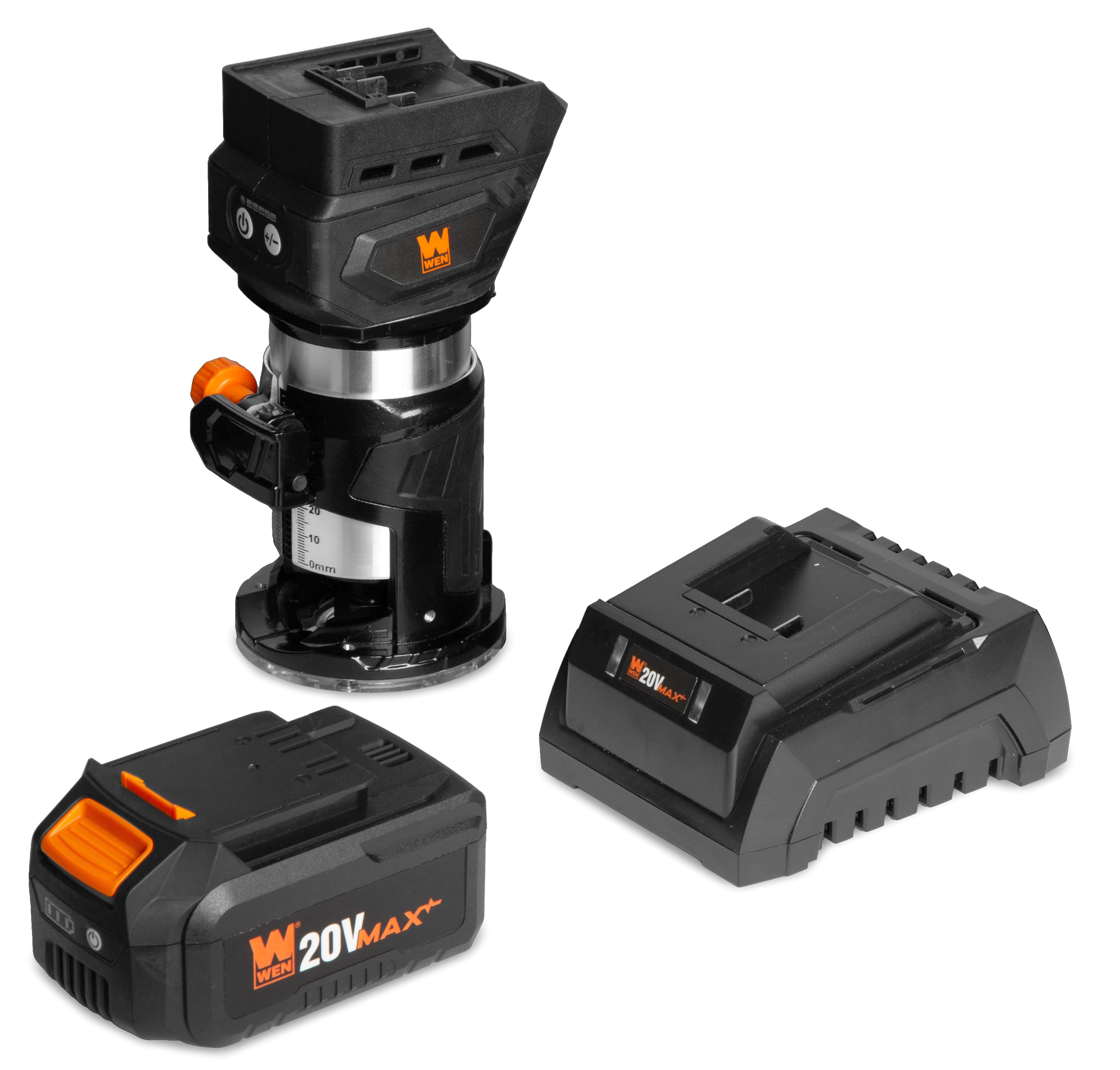 WEN 20V Max Cordless Brushless Compact Fixed Base Trim Router with 4Ah Lithium-Ion Battery and Charger #20610