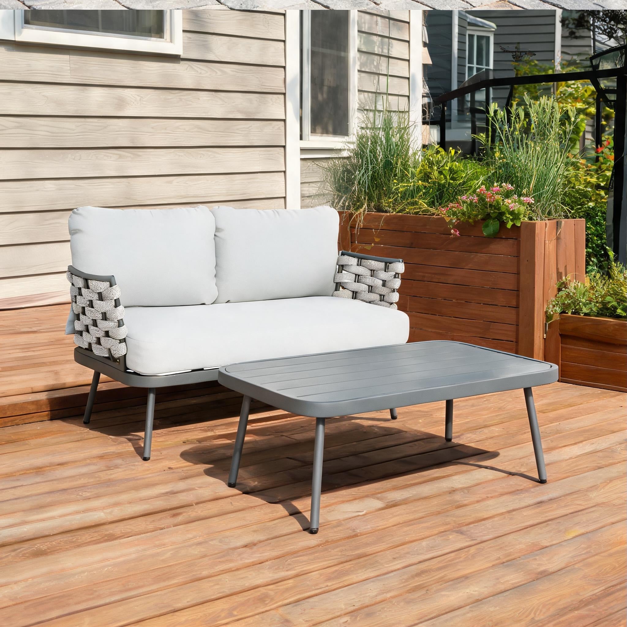 2-Person Outdoor Loveseat Dining Set with Handwoven Rope Classic Gray Steel Aluminum Frame Modern Rectangular Table