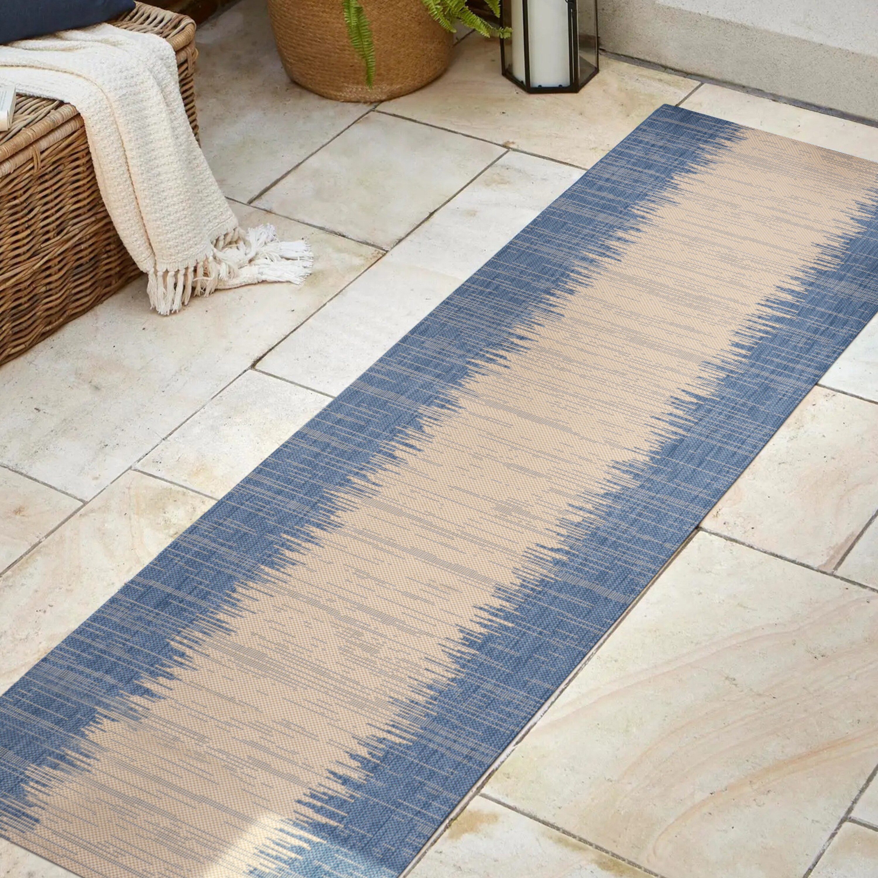 Blue and Beige Synthetic Stripe Runner Rug, 2'-2" x 10'