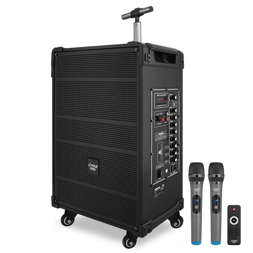 Pyle  12 Portable Wireless Bluetooth Speaker System  Builtin Rechargeable Battery Wireless Microphone USBMicro SDFM  80 Watt  FM Radio with Digital LED Display PWMA1299A