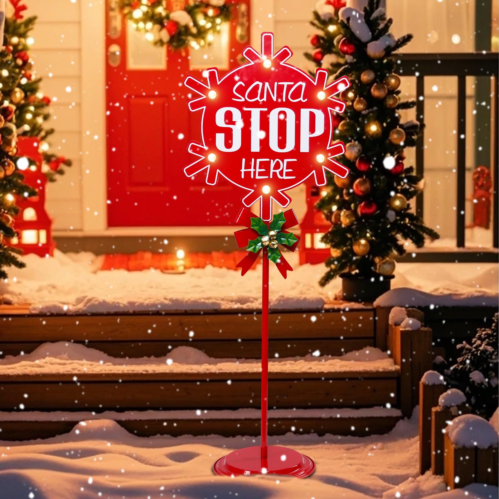 Phewnyzo Santa Stop Here Christmas Porch Sign Lighted Metal Standing Yard Stake 31 Inch Festive Holiday Decoration for Indoor Outdoor Use #LPW0821W1533