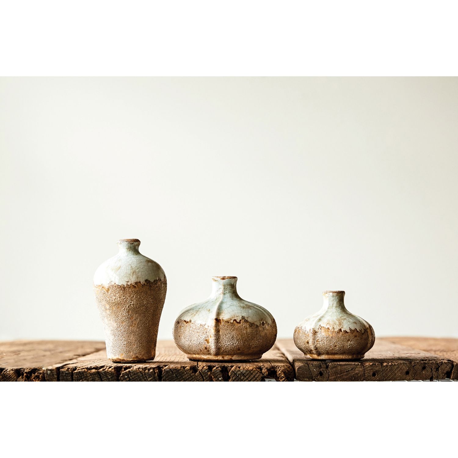 Set of 3 Distressed Aqua and Beige Ceramic Table Vases