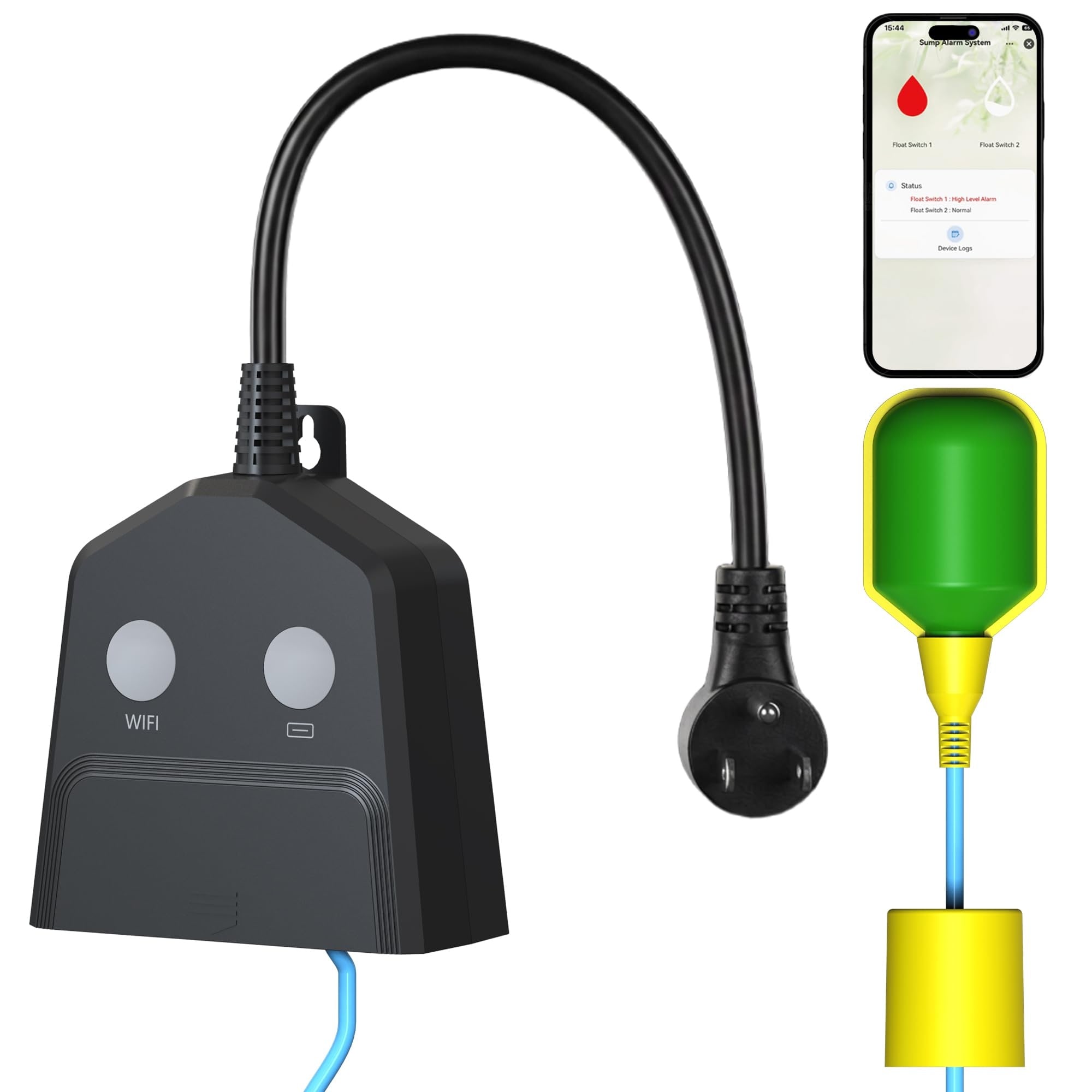 Etokfoks  WiFi Indoor Outdoor Sump Pump High Low Water Level Sensor Alarm with Alarm Activated Outlet 110dB Siren 1 Pack