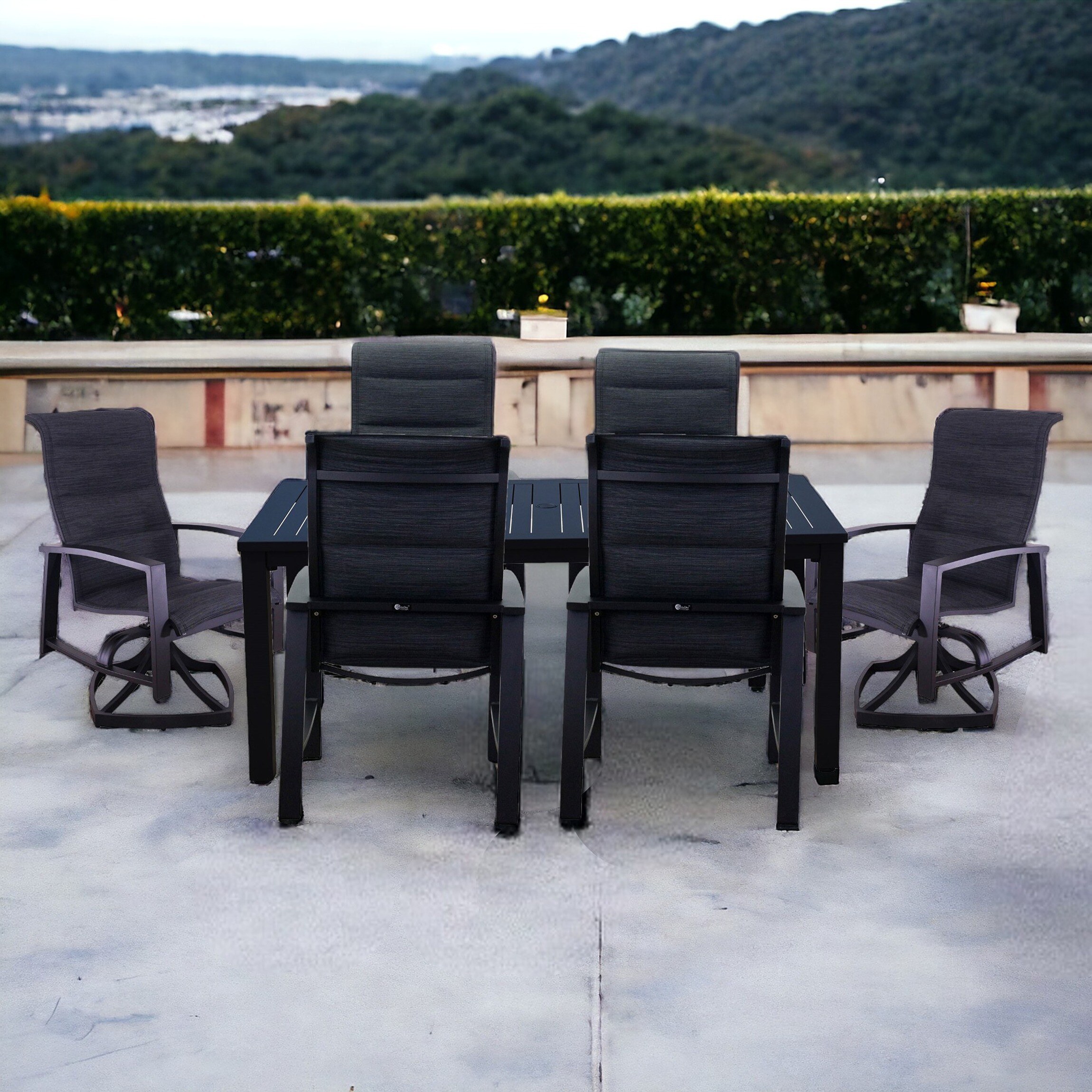 Courtyard Casual 5349 Santorini 7 -Piece Black Patio Dining Set Aluminum Rectangle Table with 6 Black Swivel Chairs