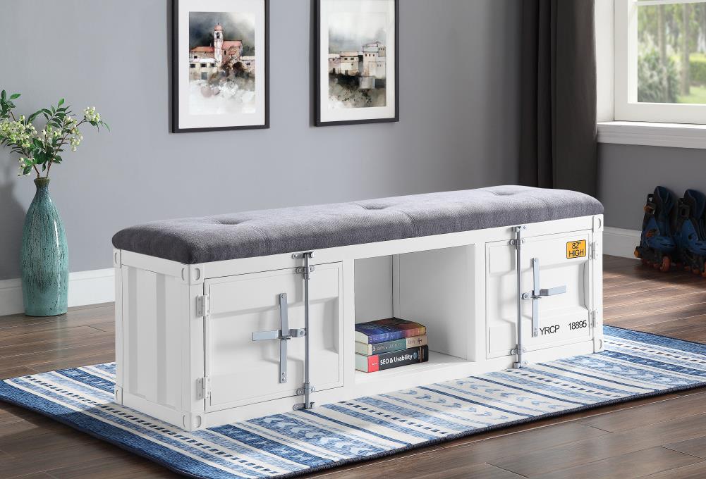 Modern Industrial Gray Fabric & White Metal Storage Bench