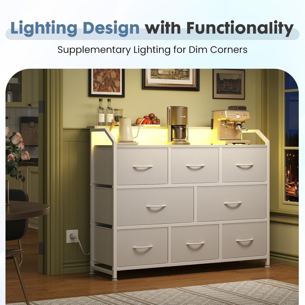 OOU Fabric drawer dressing table with power sockets and LED lights and ...