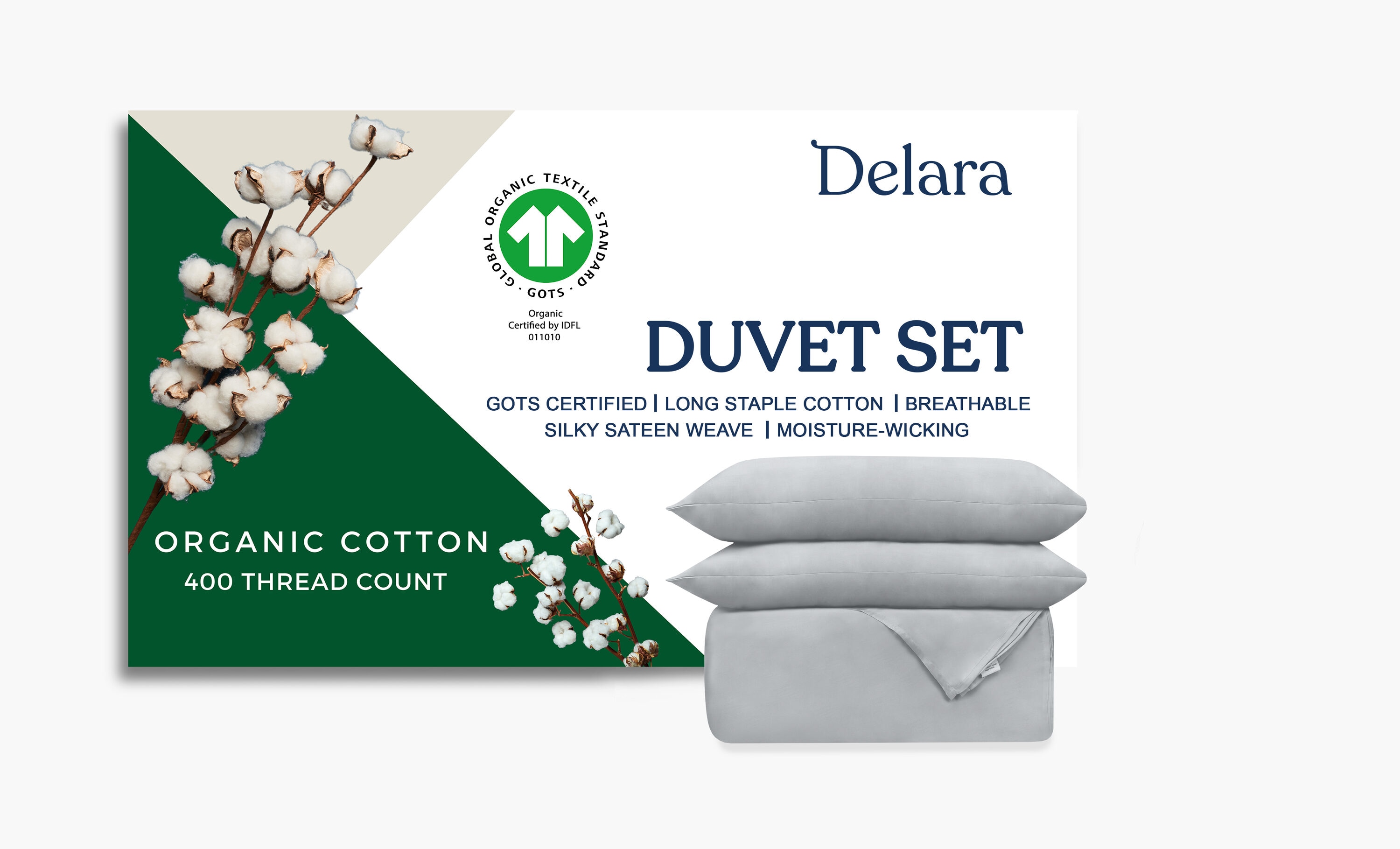 Delara  GOTS Certified Organic Cotton Duvet Cover Set 400TC Long Staple Cotton Ultra Soft Silky Moisture-Wicking and Breathable Duvet for Hot Sleepers with 8 Internal Ties