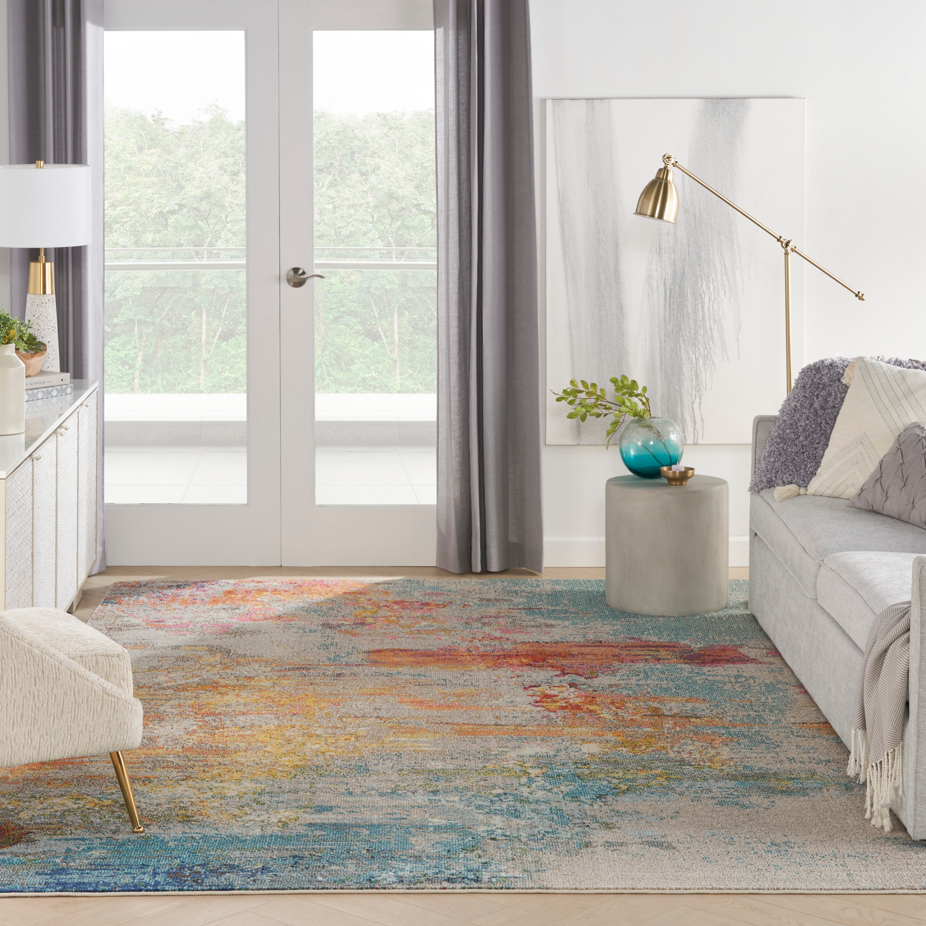 XXL Blue and Gray Abstract Synthetic Area Rug