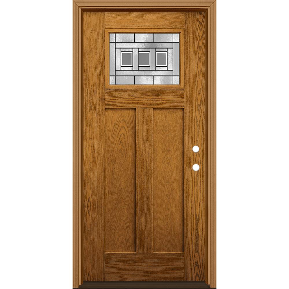 Masonite 1327045 Craftsman 36-in x 80-in Fiberglass Craftsman Left-Hand Inswing Oakcrest Stained Prehung Single Front Door with Brickmould Insulating Core