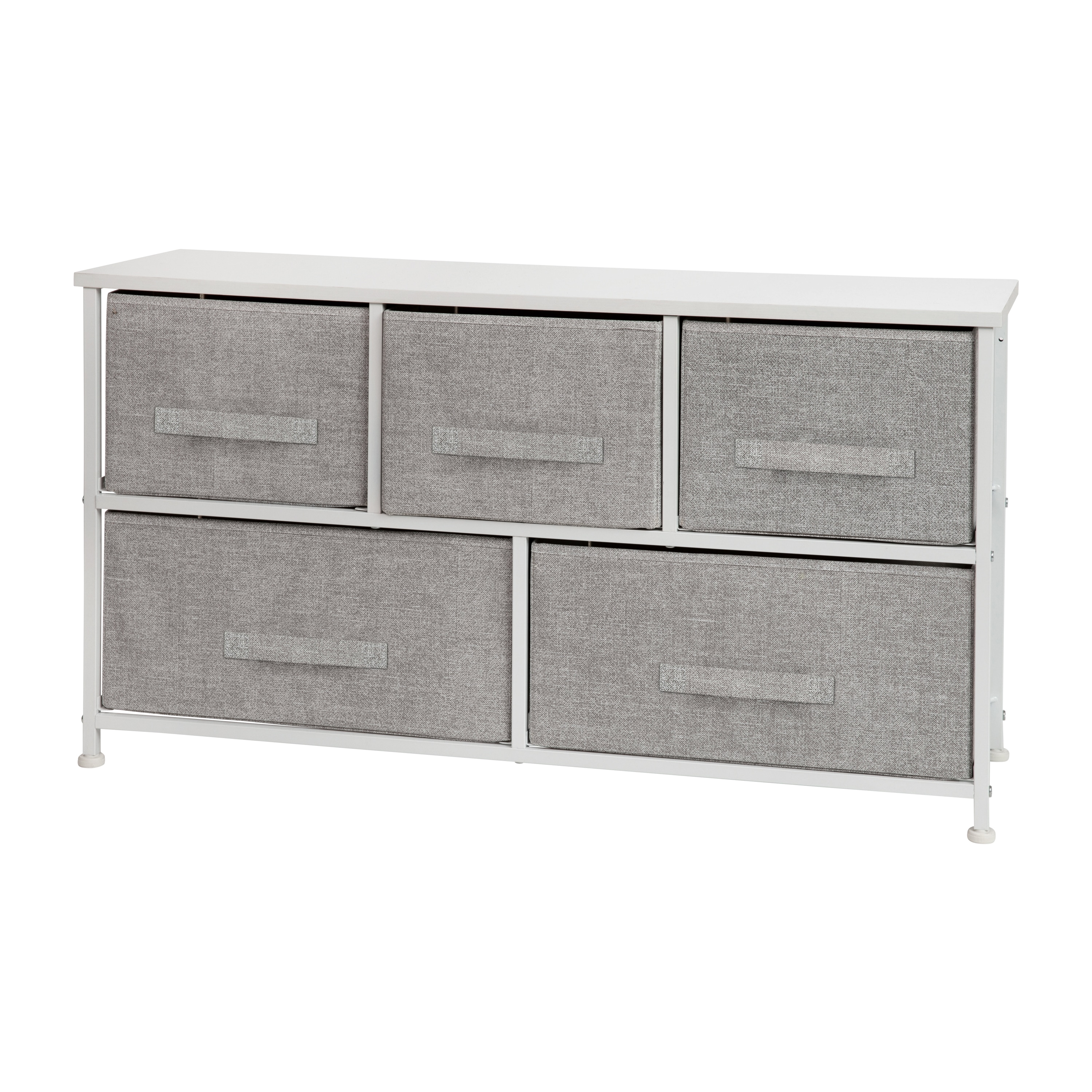 Flash Furniture 889142993537 Harris 5 Drawer Wood Top White Cast Iron Frame Vertical Storage Dresser with Light Gray Easy Pull Fabric Drawers