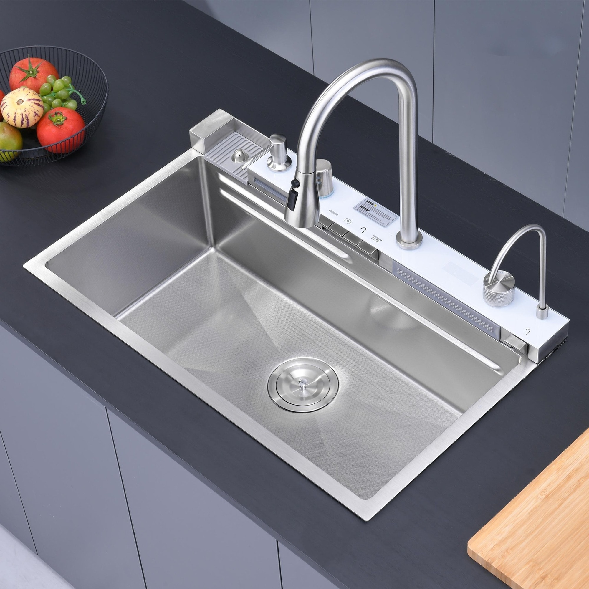 IAK 30 inch x 18 inch Dark Gray 304 Stainless Steel Kitchen Sink with Whale Waterfall Faucet and Smart Control
