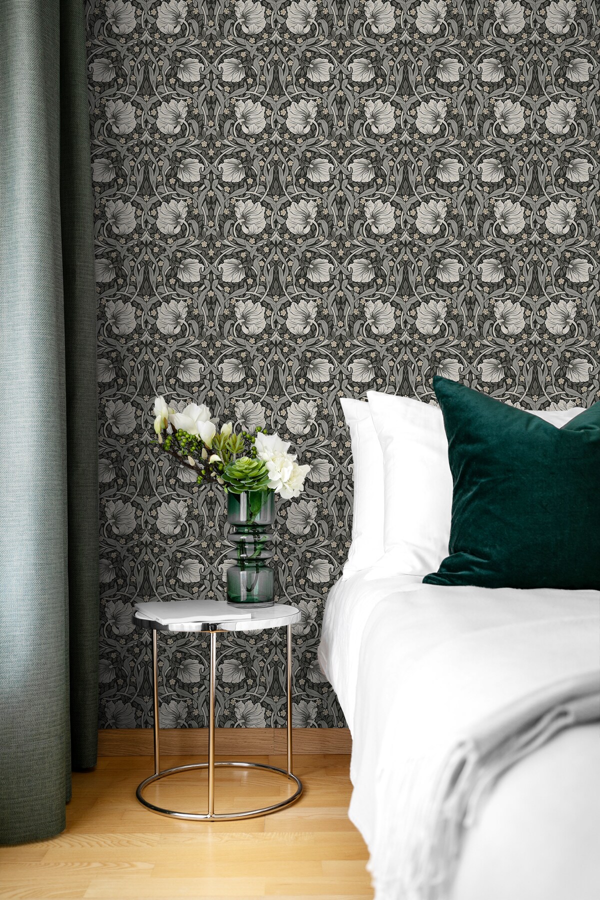 Charcoal and Pearl Grey Floral Peel and Stick Wallpaper