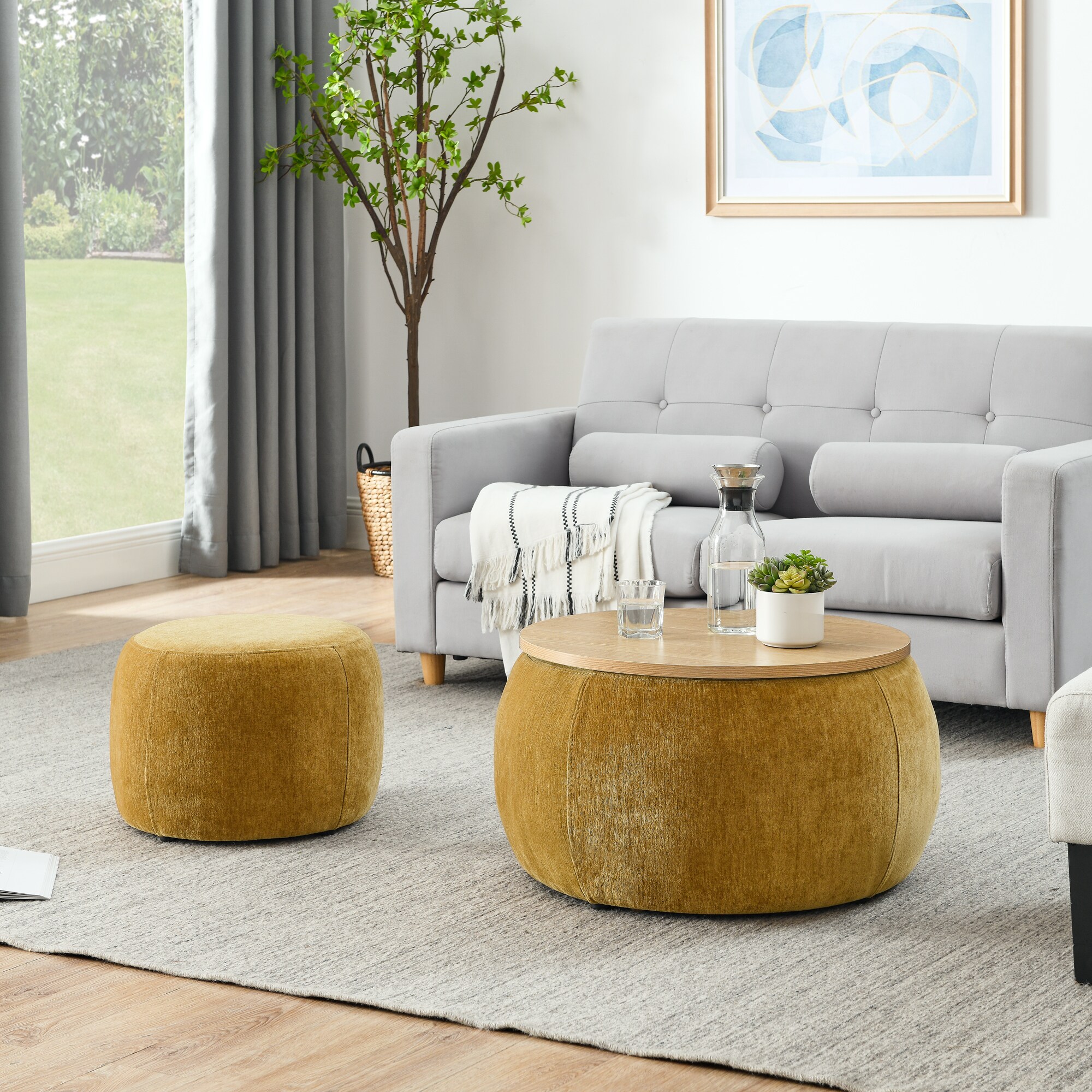 LOVMOR SF-M-W487P165700 Round Storage Ottoman 2 in 1 Function Work as End table and Ottoman with small seat Dark yellow25Inchx25Inchx14.7Inch ow