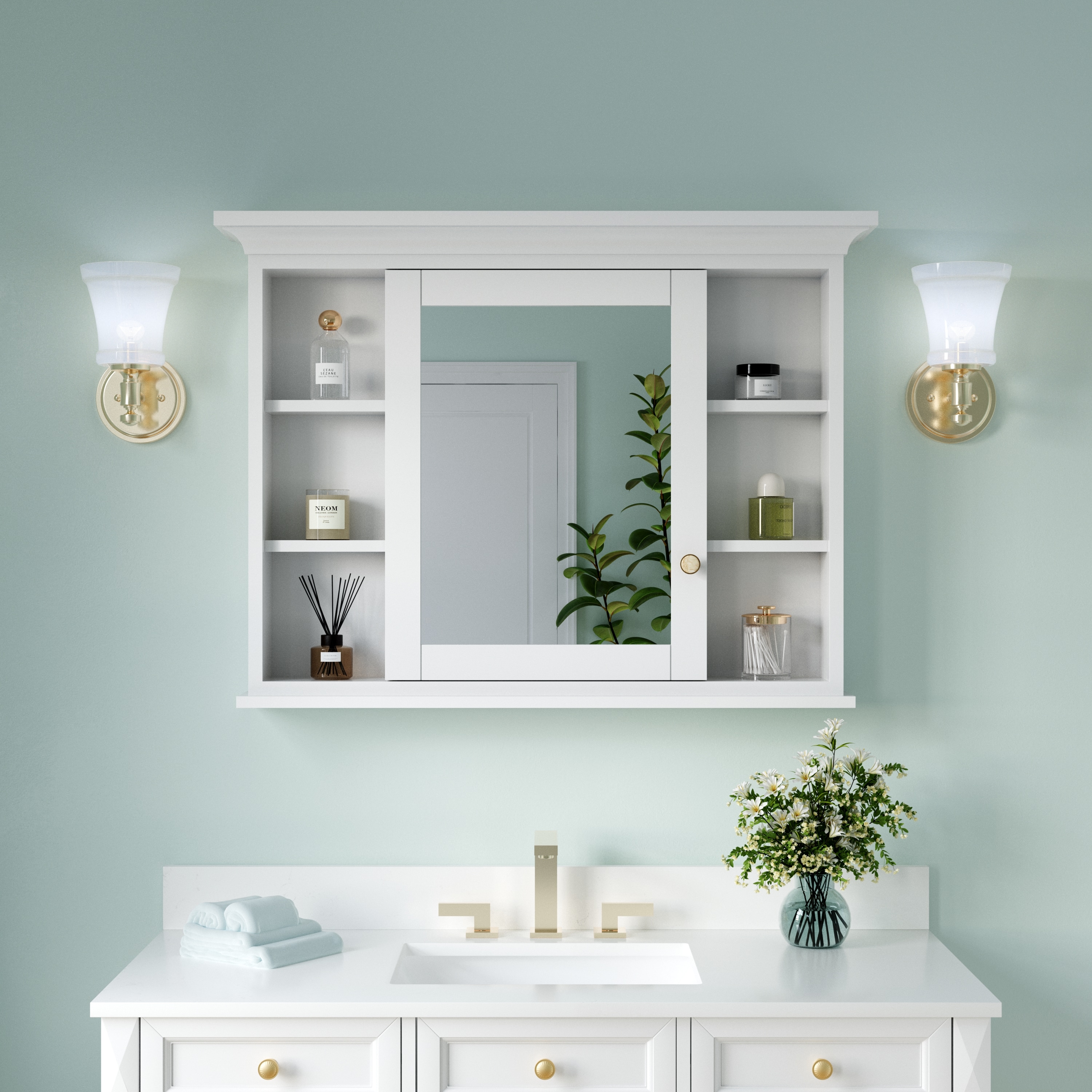 Ayelon Cabinet 40-in x 30-in Surface Mount White Mirrored Rectangle Soft Close Medicine Cabinet