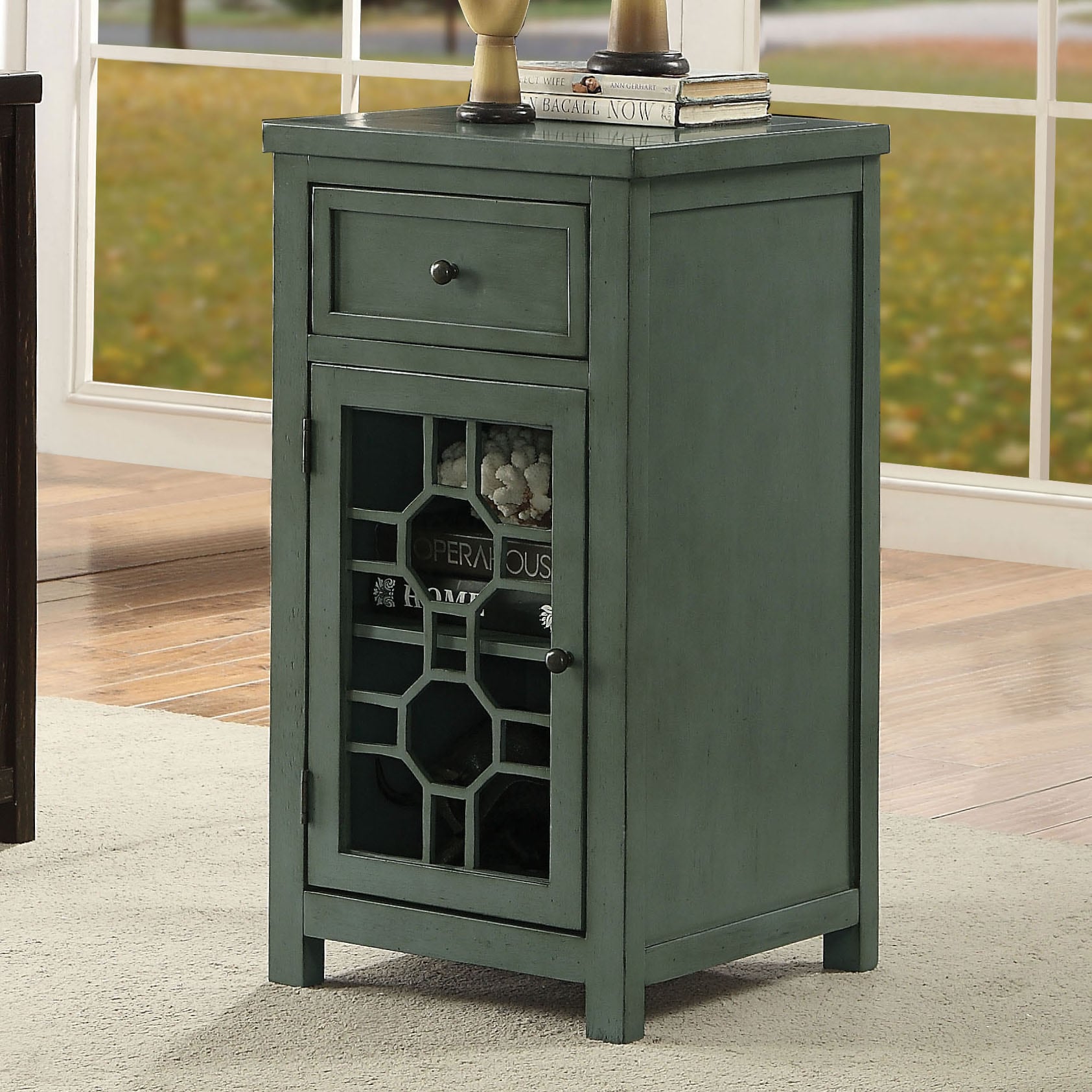 Furniture of America IDF-AC165TL Haydon 17-in W x 33.25-in H Antique Teal Wood Rectangular Farmhouse End Table with Storage Assembly Required
