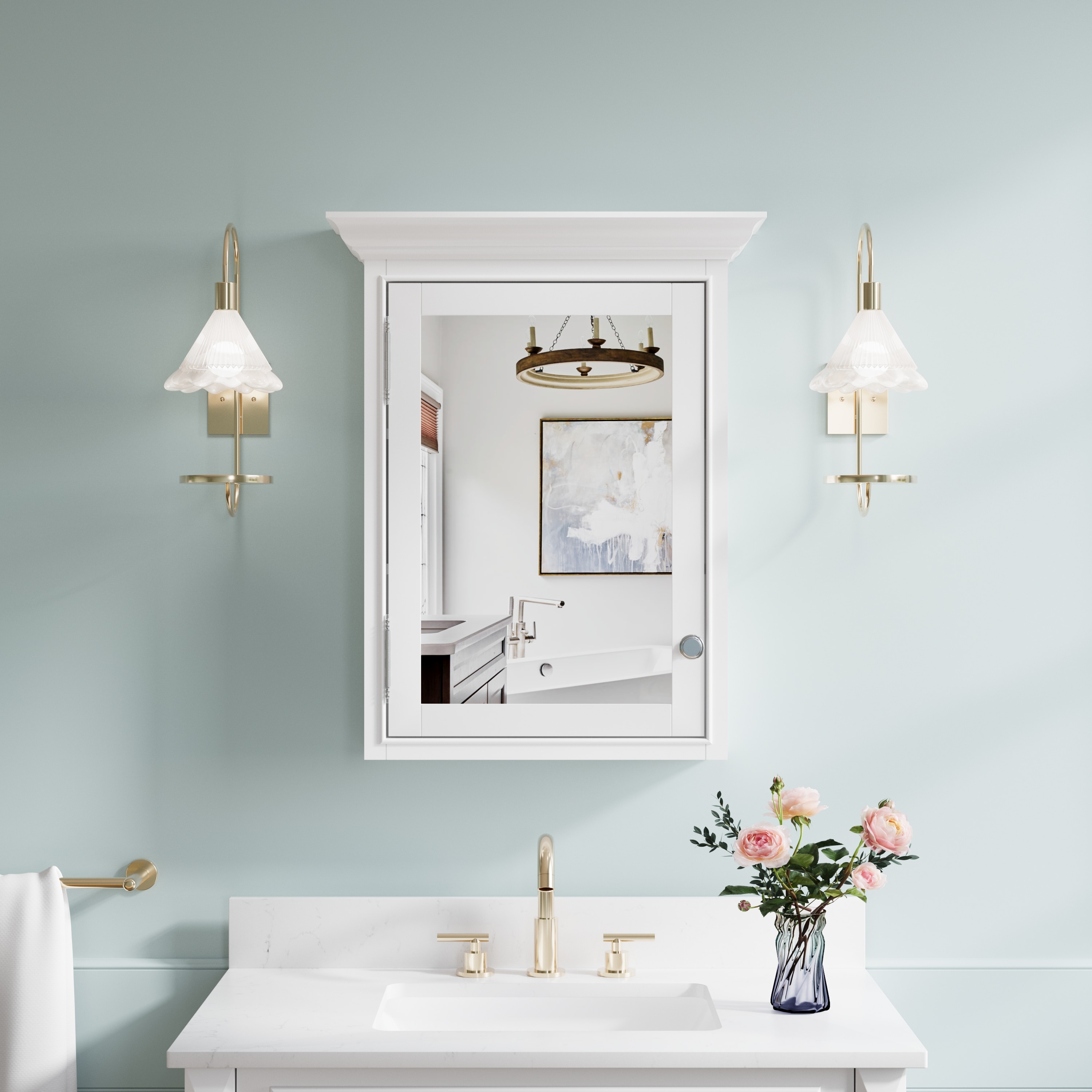 WELLFOR KAFMD2F1-3036 GRACE Solid Wood 24-Inches x 30-Inches Surface Mount White Mirrored Rectangle Medicine Cabinet
