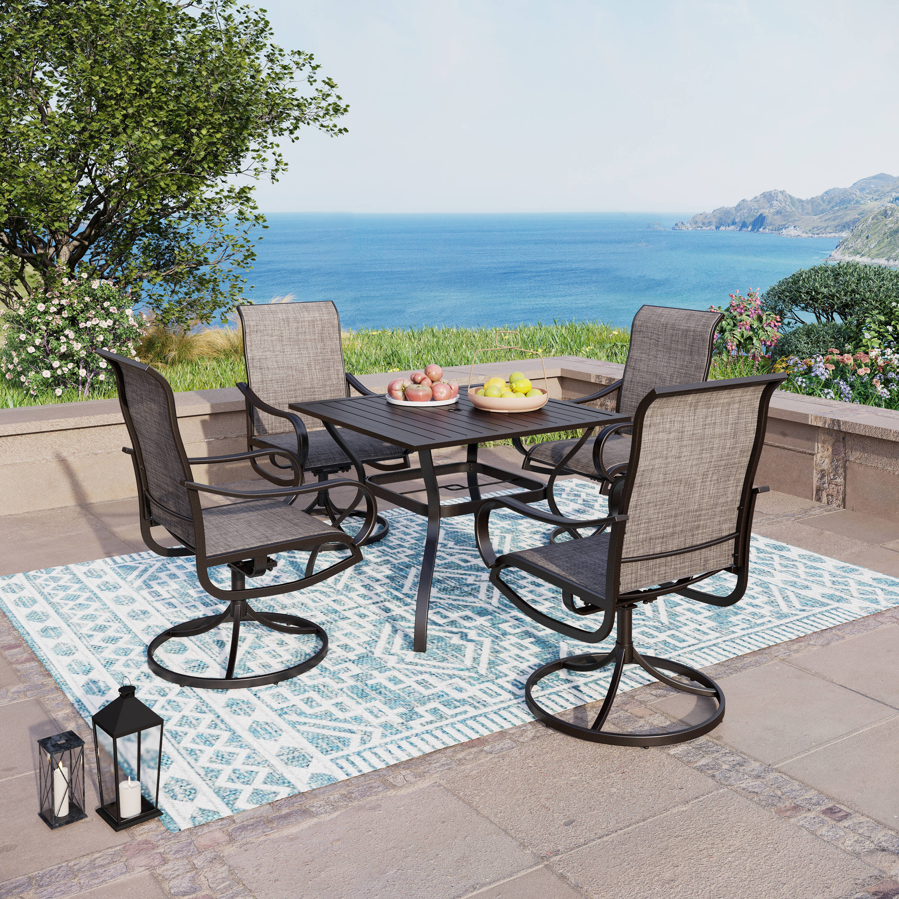 Sunshine Valley TC5-093-B-060-1 5 -Piece Black Patio Dining Set Steel Square Table with 4 Gray Swivel Chairs