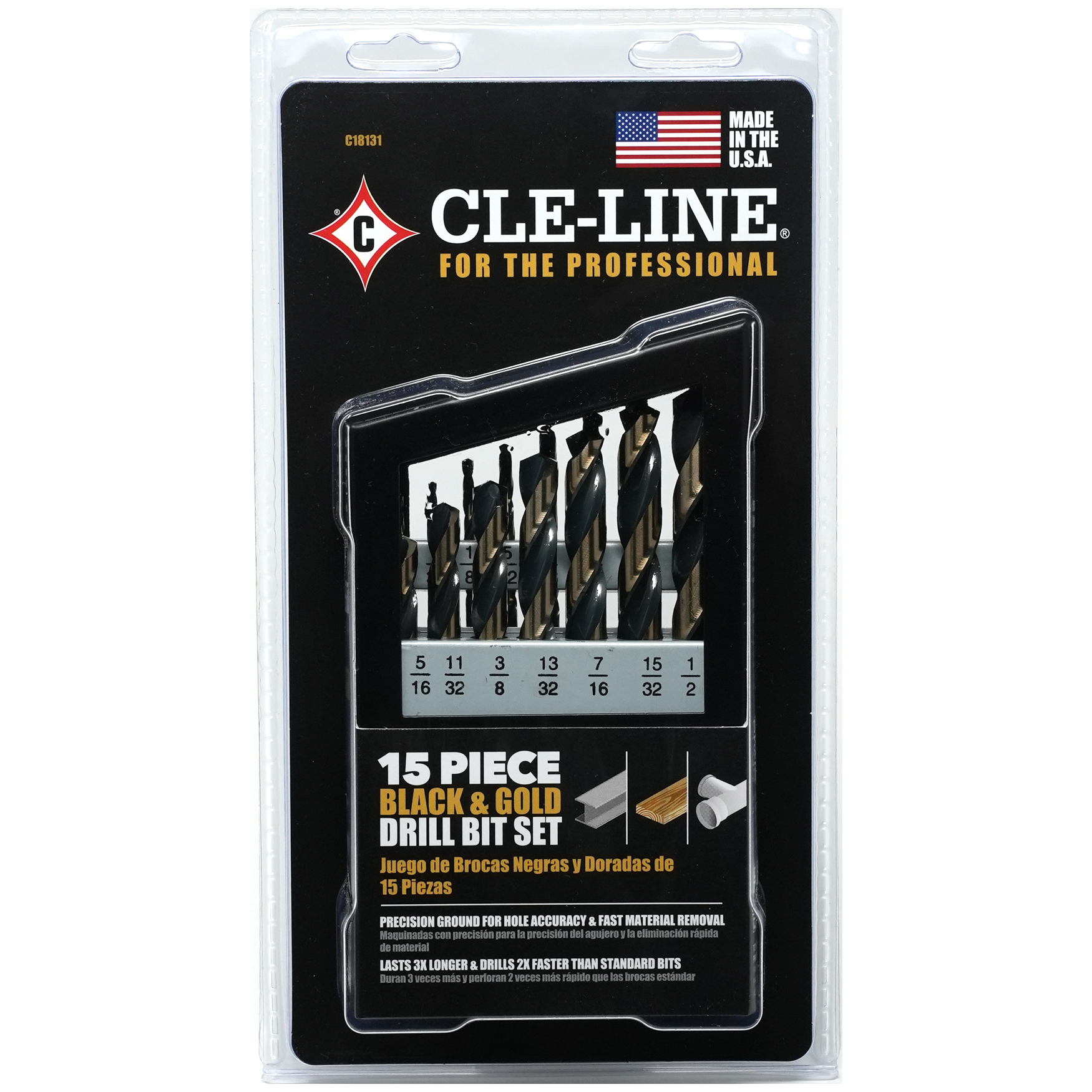 Cle-Line C18131 Black and Gold High Speed Drill Bit Set (15-Piece)