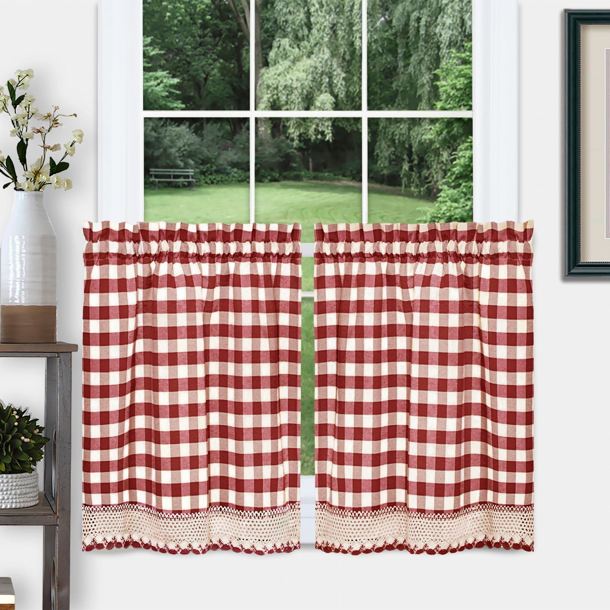 Achim BCTR24BU12 Buffalo Check 24-Inches Burgundy Polyester Rod pocket Tier curtain