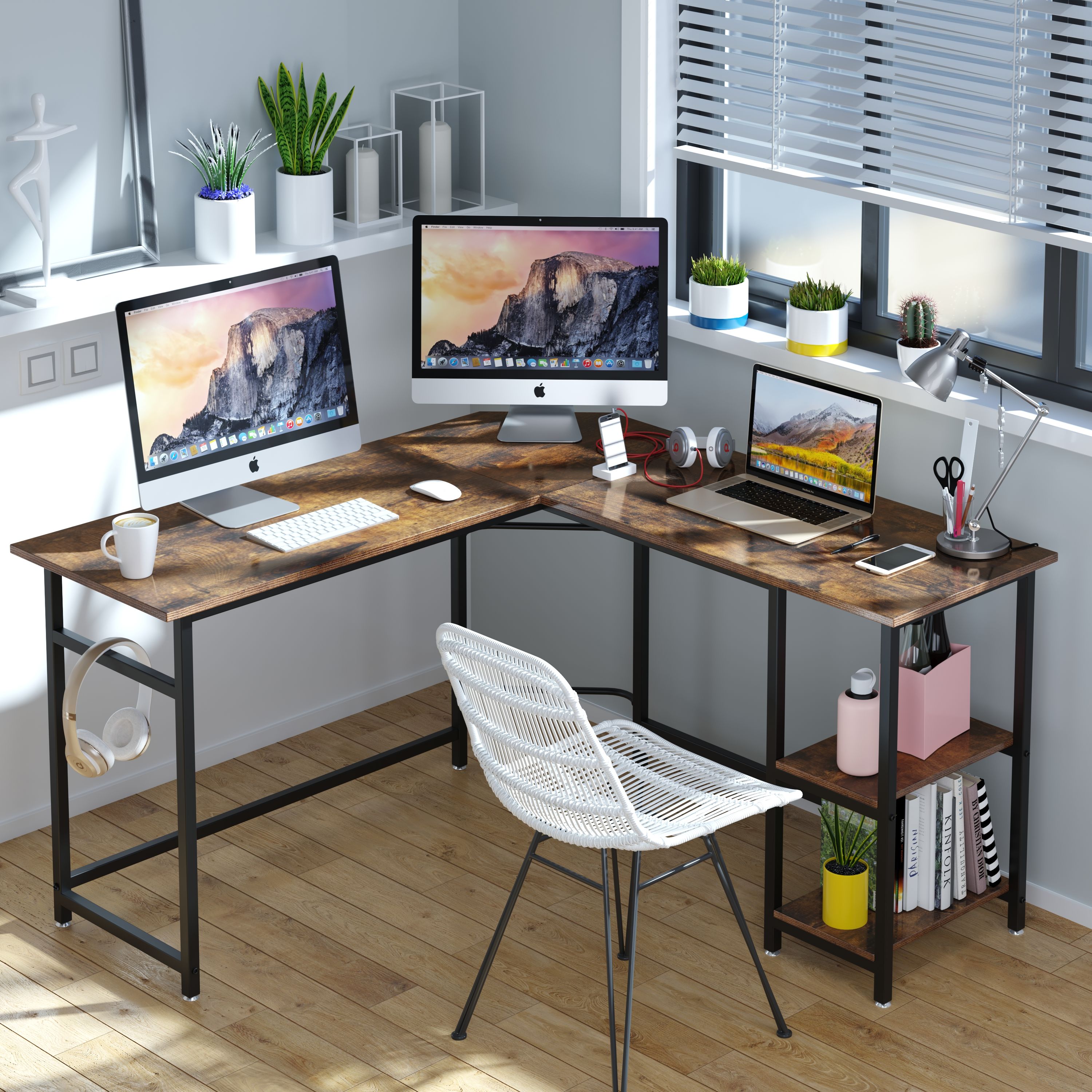 94.4 L Shaped Desk with Hutch, Home Office Desk with File Drawers, 94.4  Inches Two Person Desk, Corner Computer Desk with Keyboard Tray, Monitor