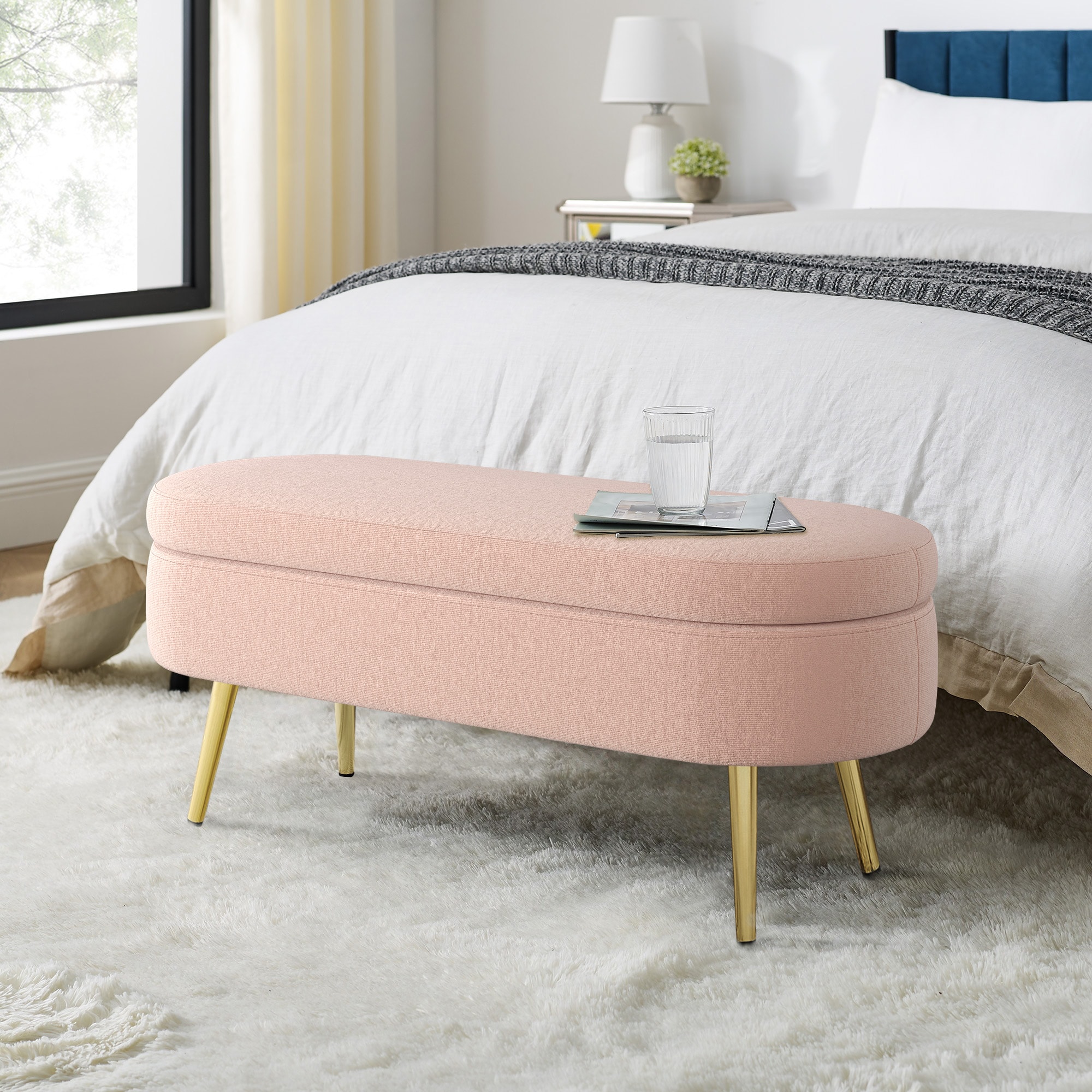 KTMBDW - Oval Ottoman Storage Bench Flannel Fabric Upholstered Bench with Metal Legs -Pink