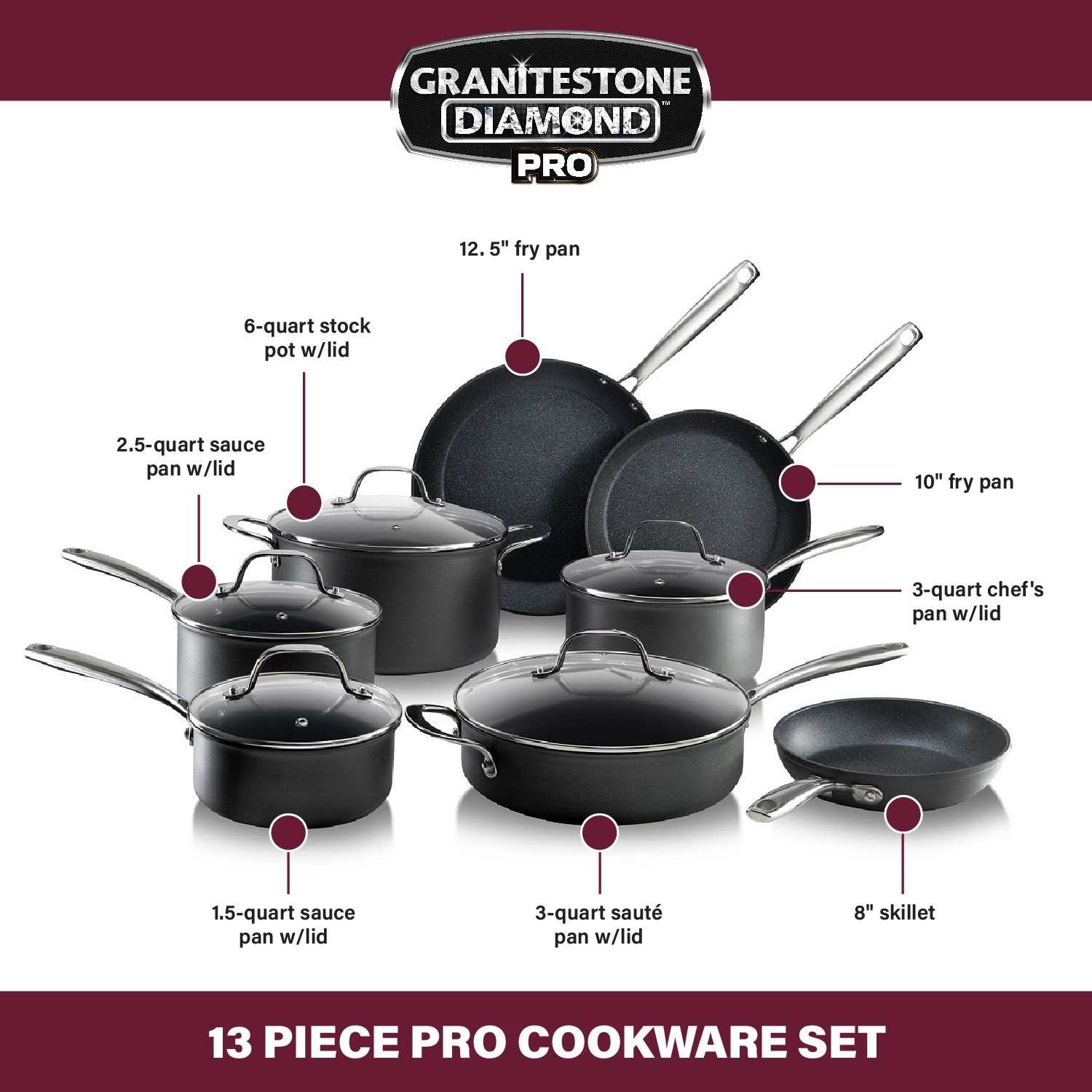 GraniteStone Diamond 13-Piece Granitestone Pro Hard Anodized 14.56-in  Aluminum Cookware Set with Lid in the Cooking Pans & Skillets department at