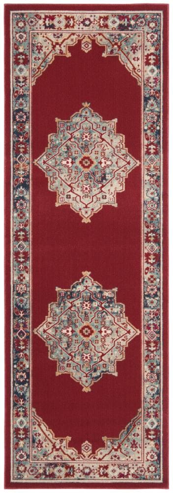 Safavieh MER312Q-38 Merlot Mitra 3 x 8 (ft) Loomed Synthetic Red/Aqua Rectangular Indoor Floral/Botanical Oriental Runner rug