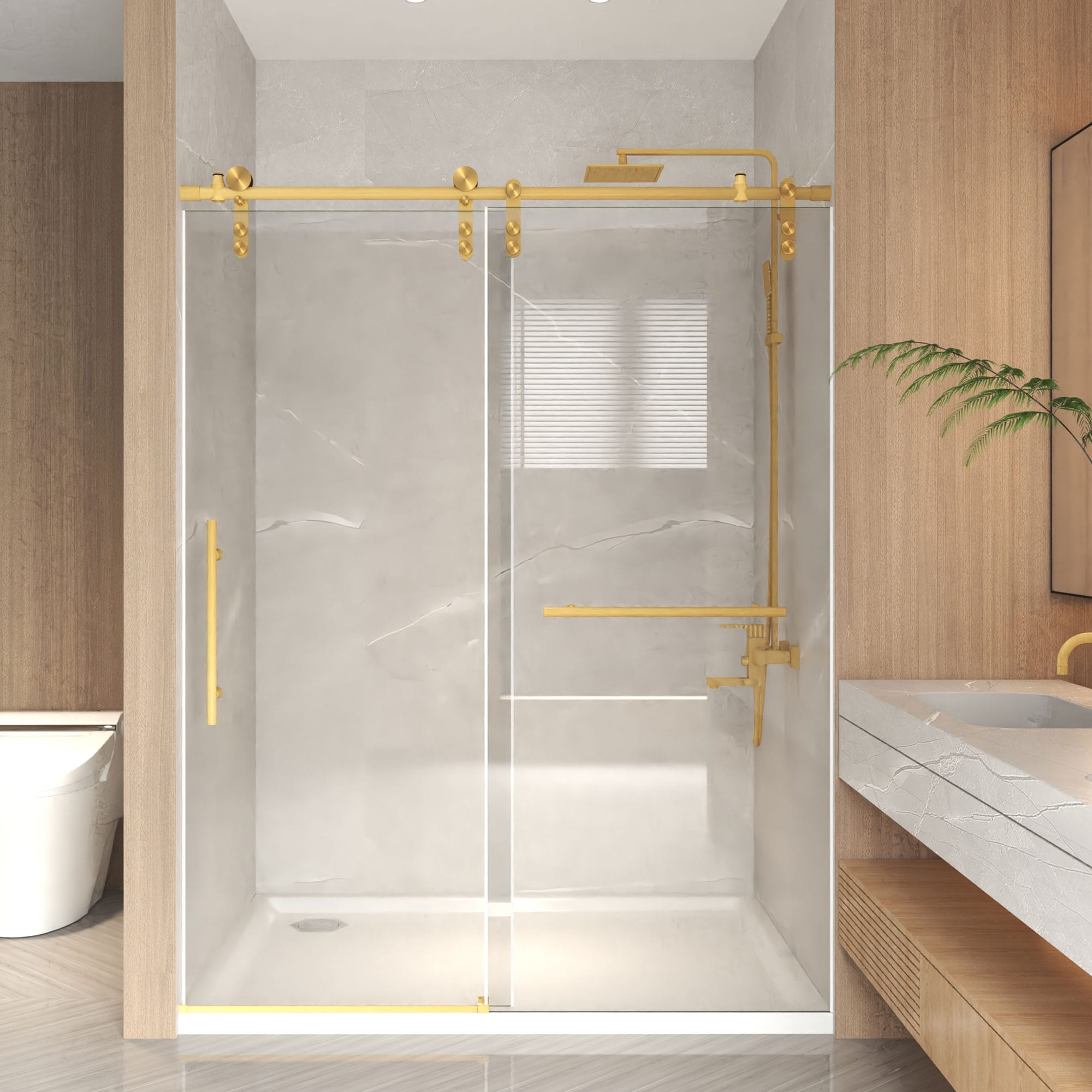 JUSHUA 44-48Inches x 76Inches H Frameless Sliding Shower Door 5/16Inches 8mm Clear Tempered Glass Stainless Steel FrameBrushed Gold
