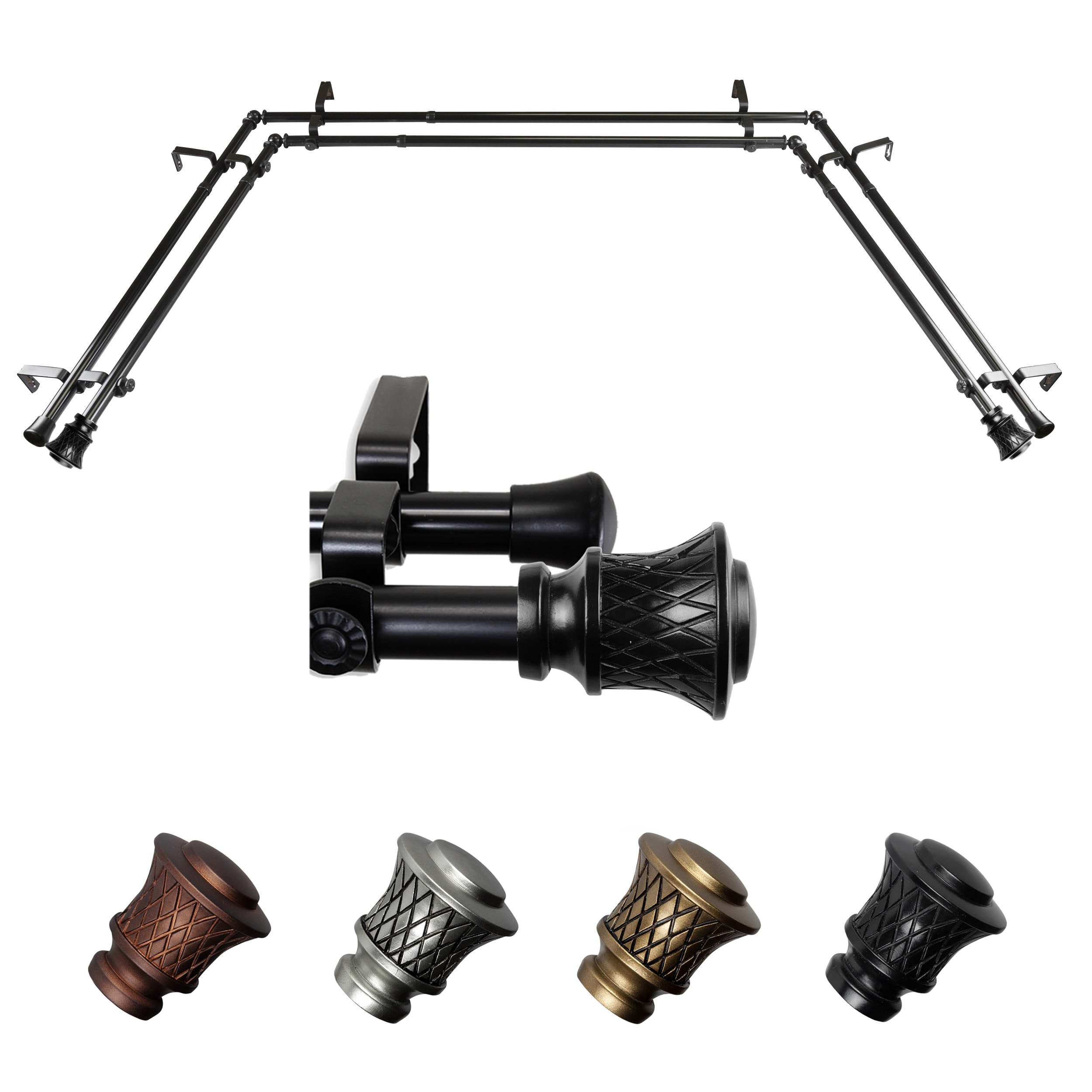 Hart & Harlow L-ABAY-77-2D Leonor 13/16-in Double 38-in to 72-in Black Steel Bay window curtain rod with Finials