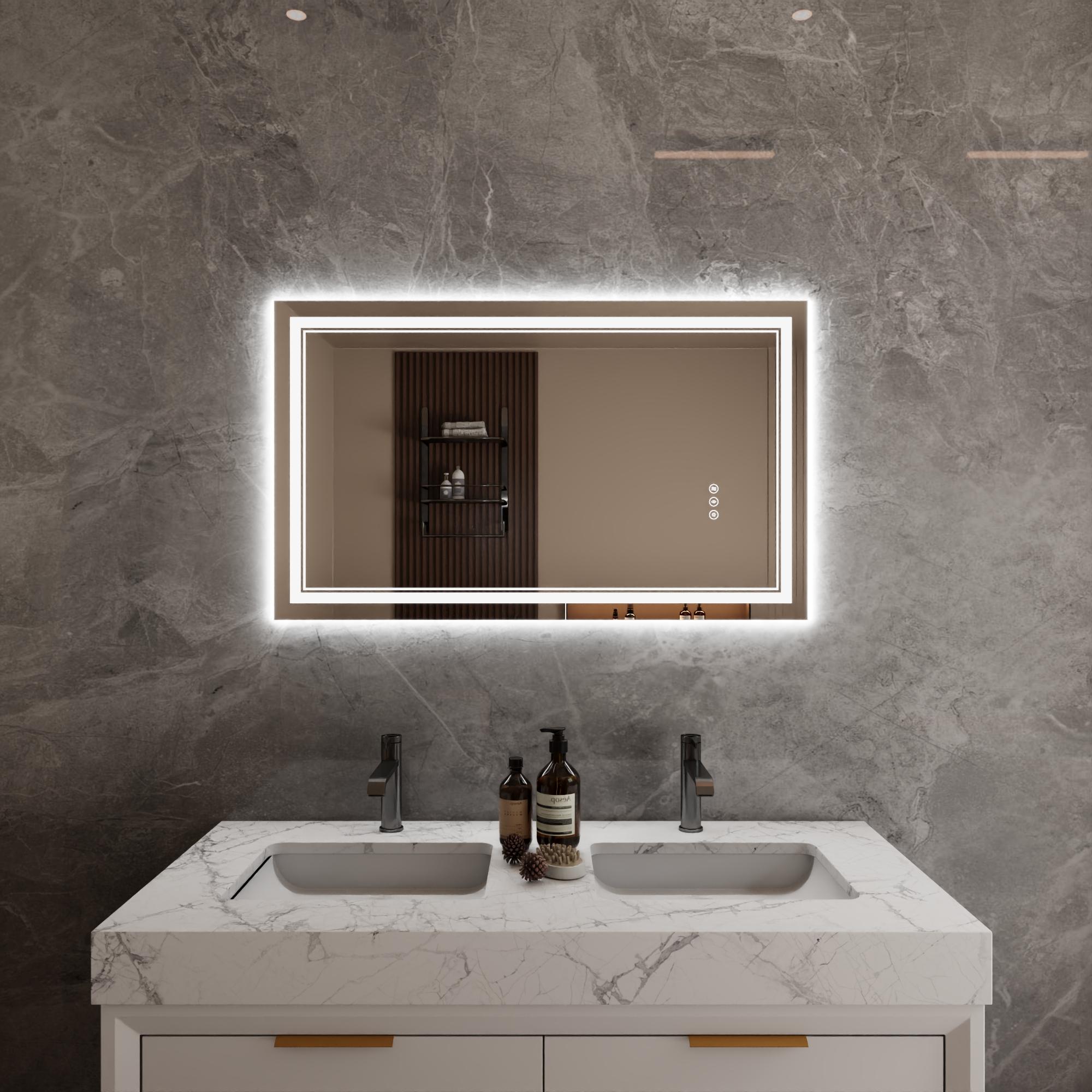Bayfeve BFXB-2S2440-MIR Modern Multifunction LED Bathroom Mirror 40-in x 23.9-in Polished Frameless Rectangle Dimmable LED Lighted Fog Free Bathroom Vanity Mirror ( Silver )